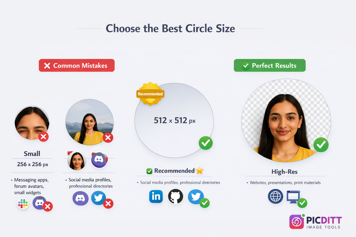 Circle crop output size guide showing 256px for messaging apps 512px recommended for social media profiles and 1024px for websites and print materials