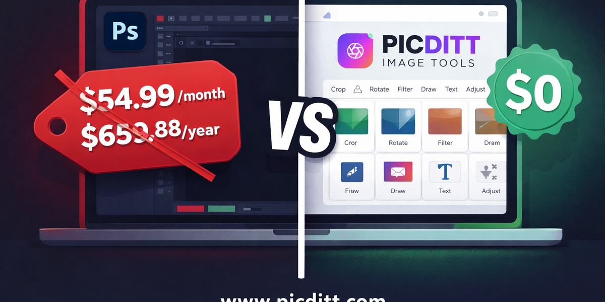 Adobe Photoshop subscription price crossed out next to fourteen free browser-based image editing tools that replace its most commonly used features