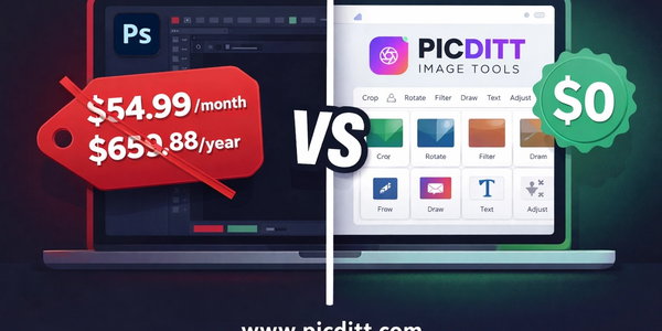 Adobe Photoshop subscription price crossed out next to fourteen free browser-based image editing tools that replace its most commonly used features