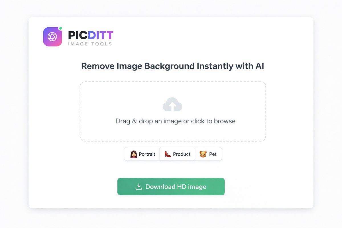PicDitt free AI background remover tool homepage with upload area and sample image options