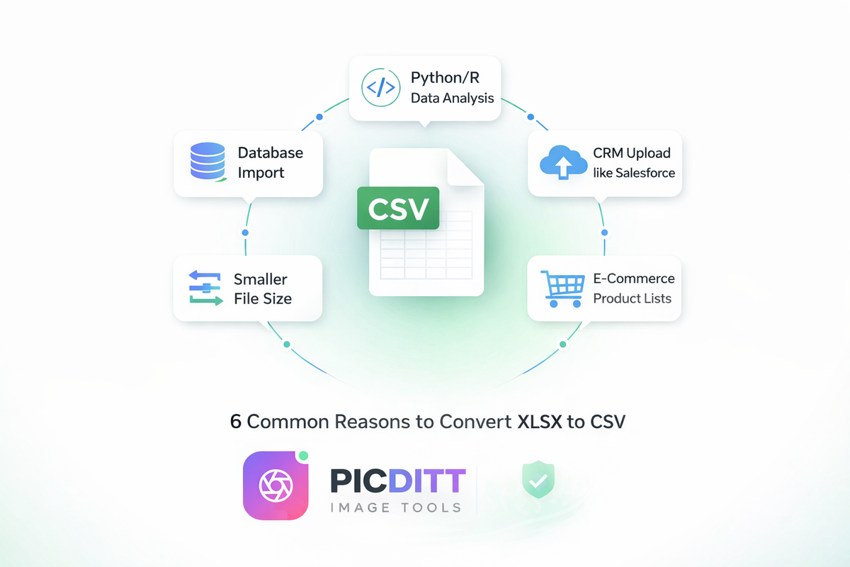 Infographic showing six common reasons to convert Excel XLSX to CSV including database import data analysis CRM upload ecommerce and universal compatibility