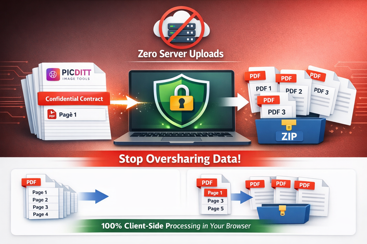 Security illustration showing Picditt PDF splitter processes confidential files locally in the browser without uploading to any server for complete privacy