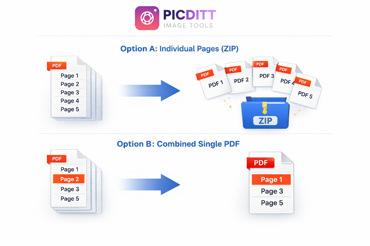 Visual comparison of PDF splitter output options showing downloading pages as individual files in a ZIP versus merging selected pages into one new PDF