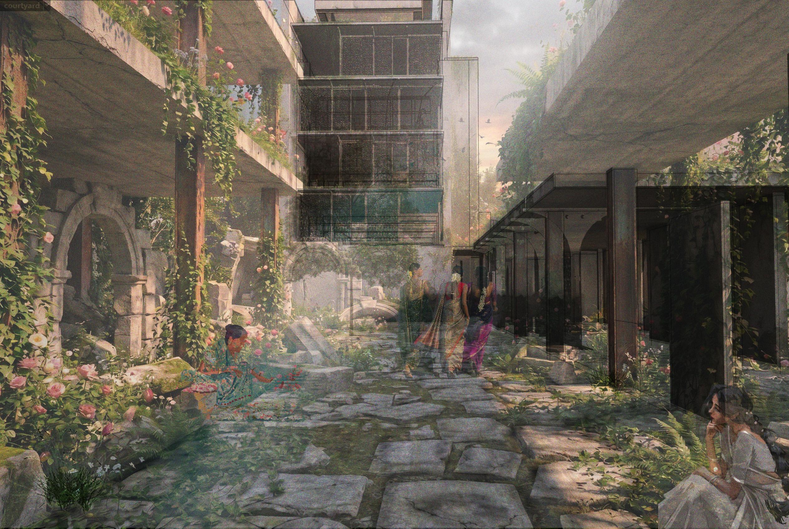 View of the South Asian inspired courtyard