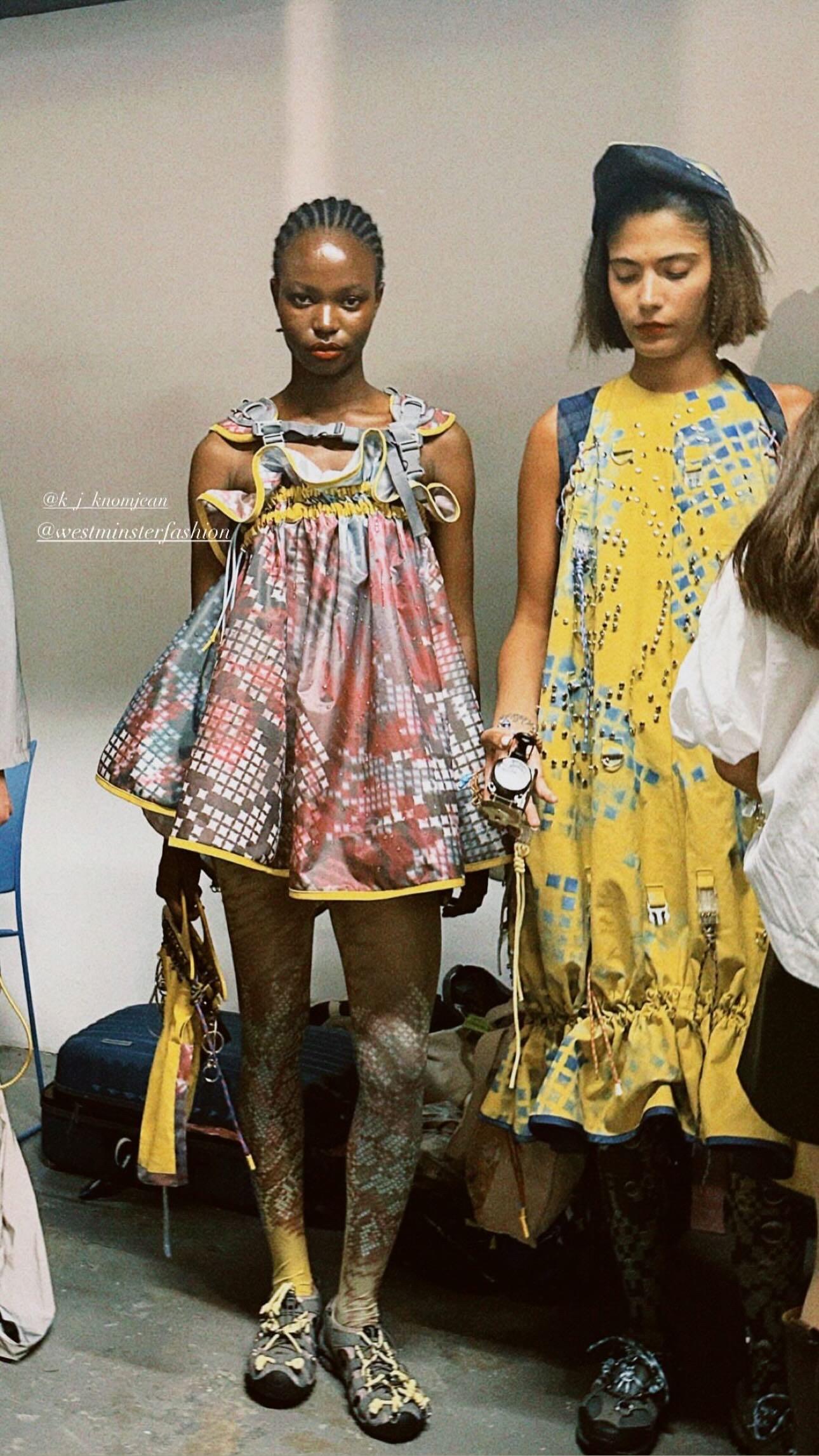 pink mini dress yellow dress runway fashion model bts