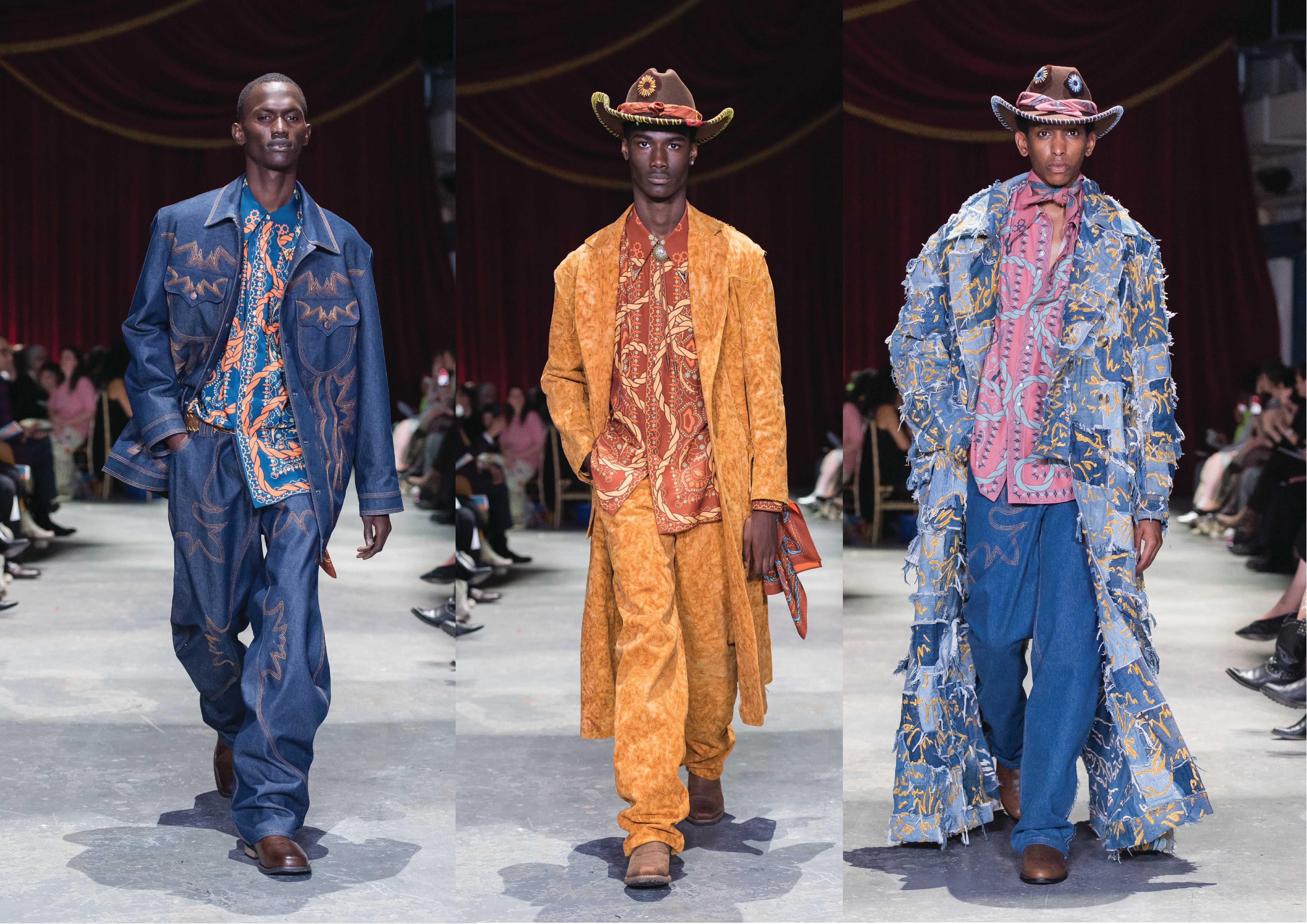 Three menswear looks inspired by Western dress shown on a runway. Designs feature oversized denim tailoring, rust-dyed textiles, frayed patchwork fabrics, patterned shirts, cowboy hats, and brown leather boots in a palette of blue, orange, and pink.