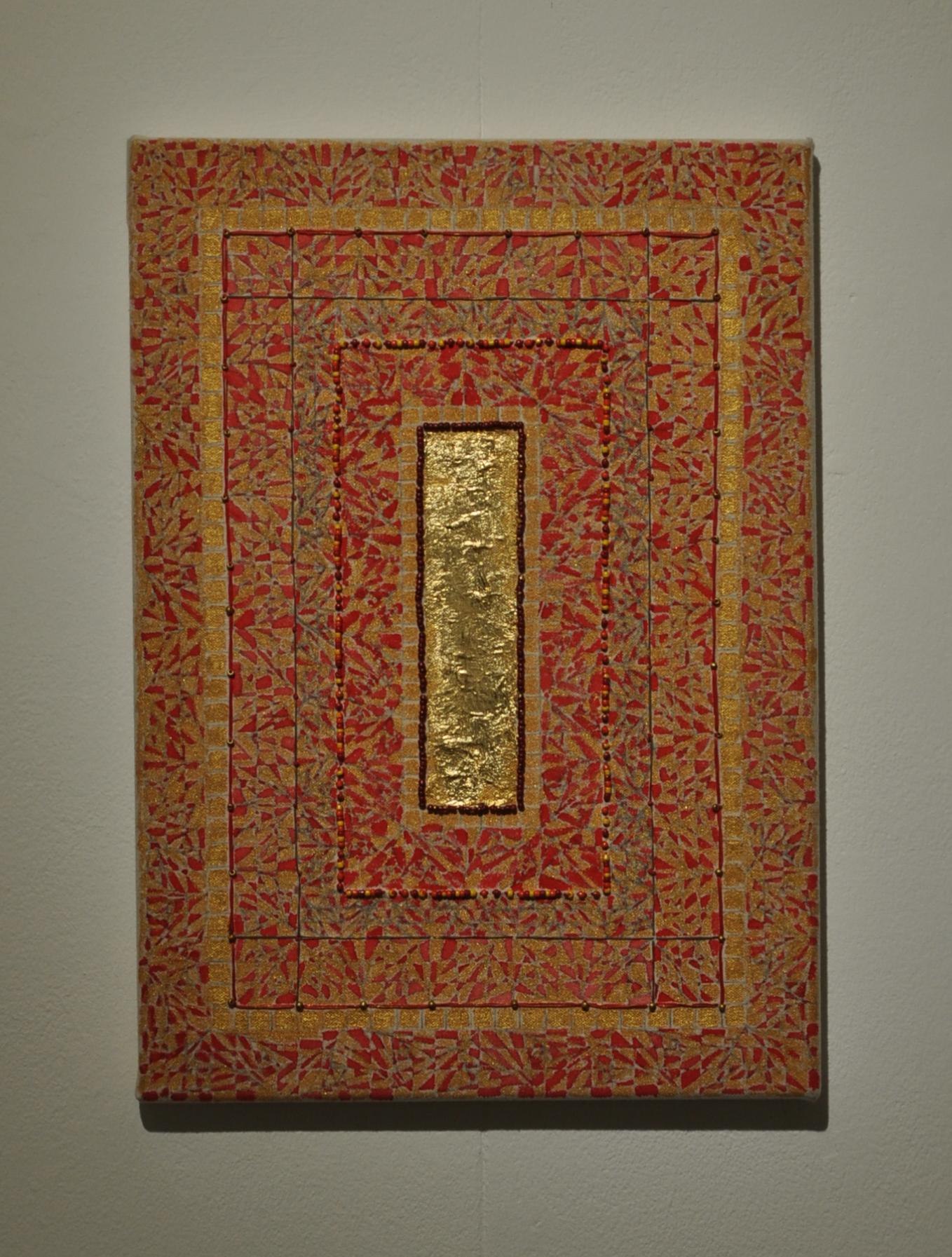 Red patterned artwork with central gold panel.