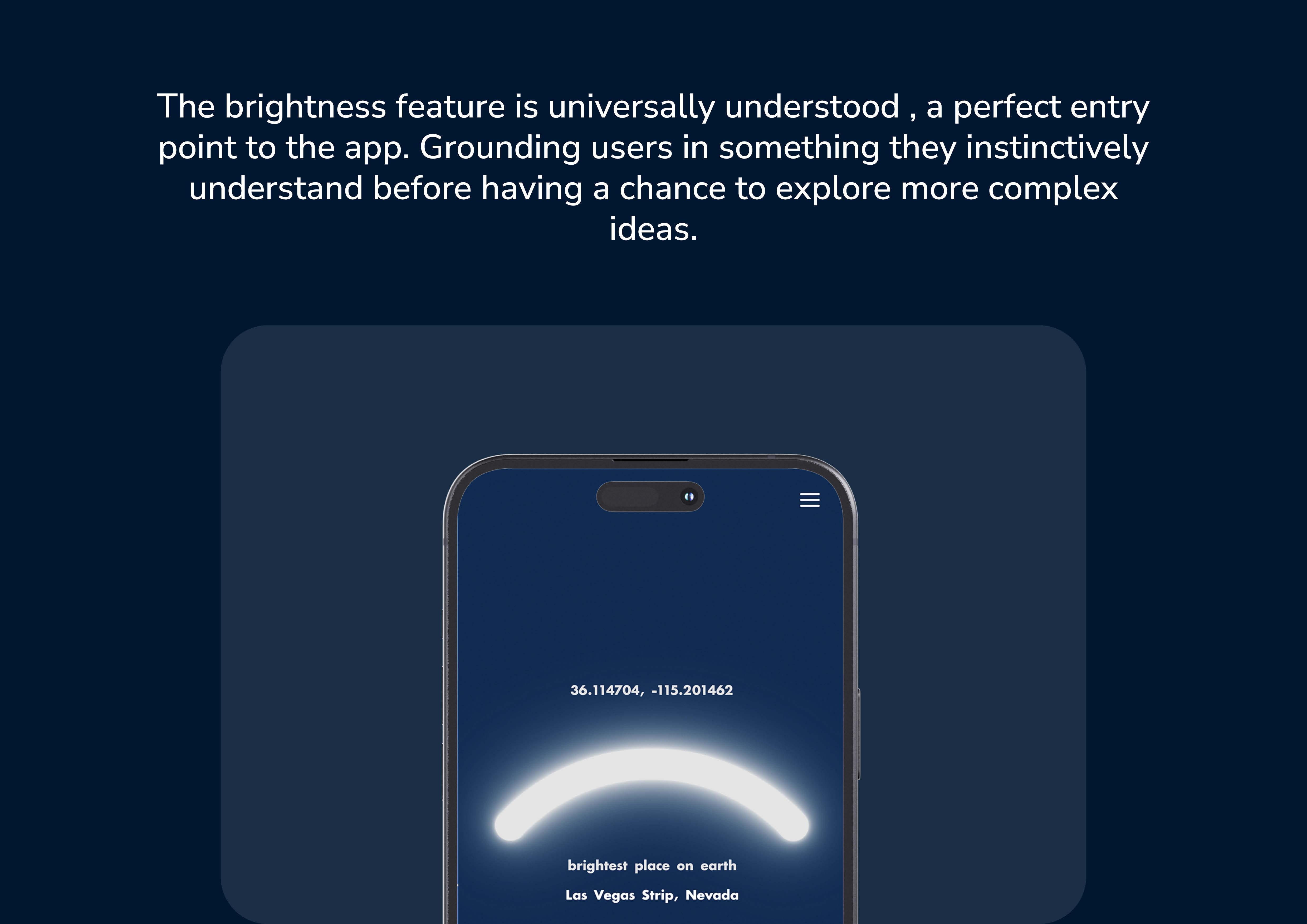 UX/UI app oening screen on light pollution featuring brightness slider indicator on the brightest city in the world and the darkest city in the world.