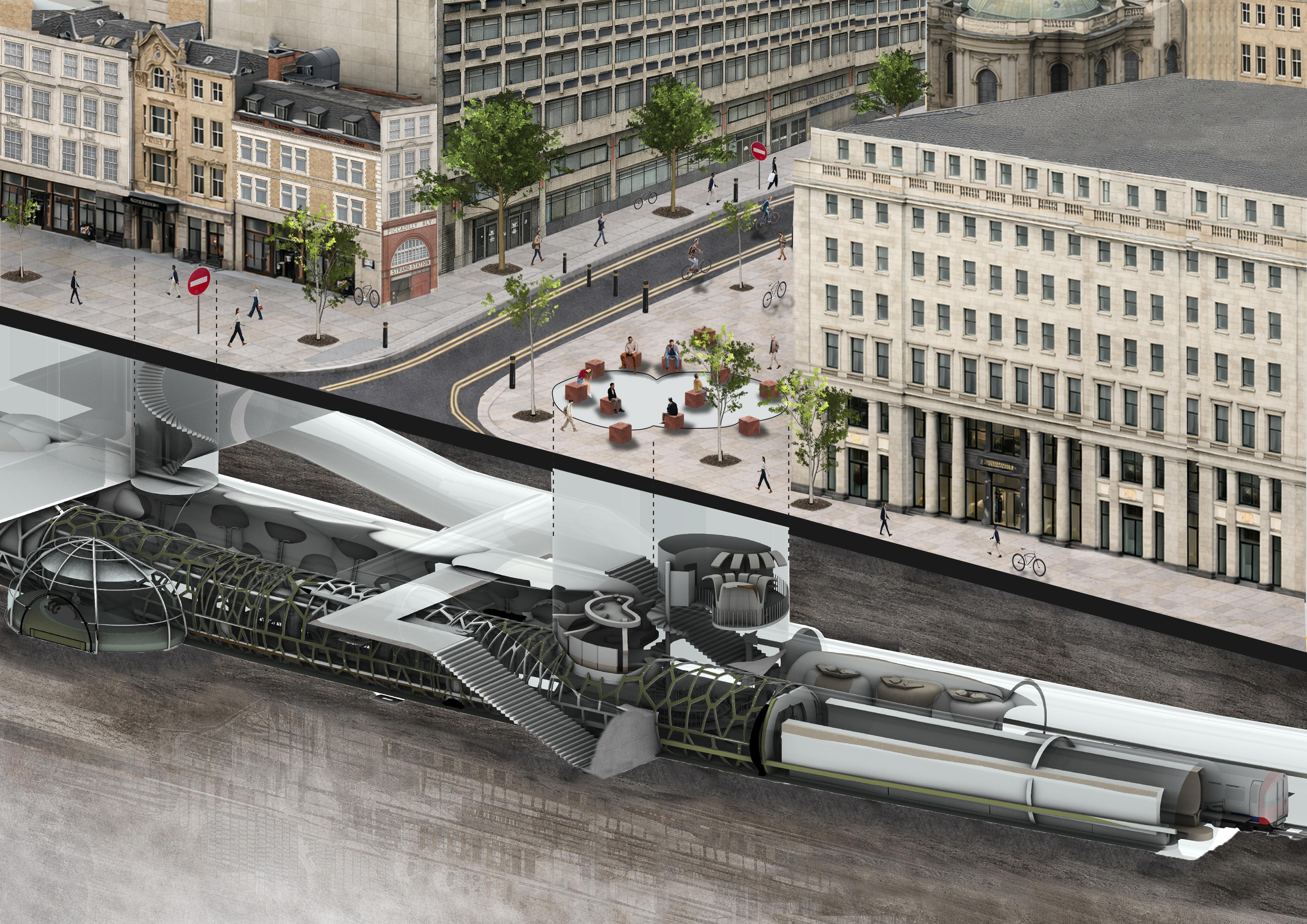 Sectional view of Aldwych Station transformed into an underground refuge and agri-tech lab.