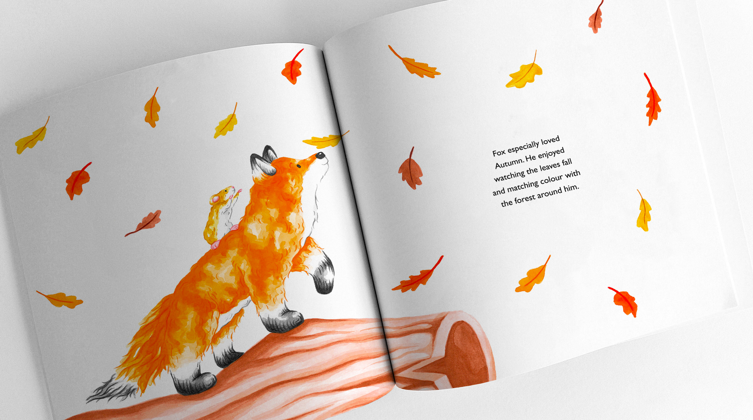Fox and dormouse in log looking at falling autumn leaves