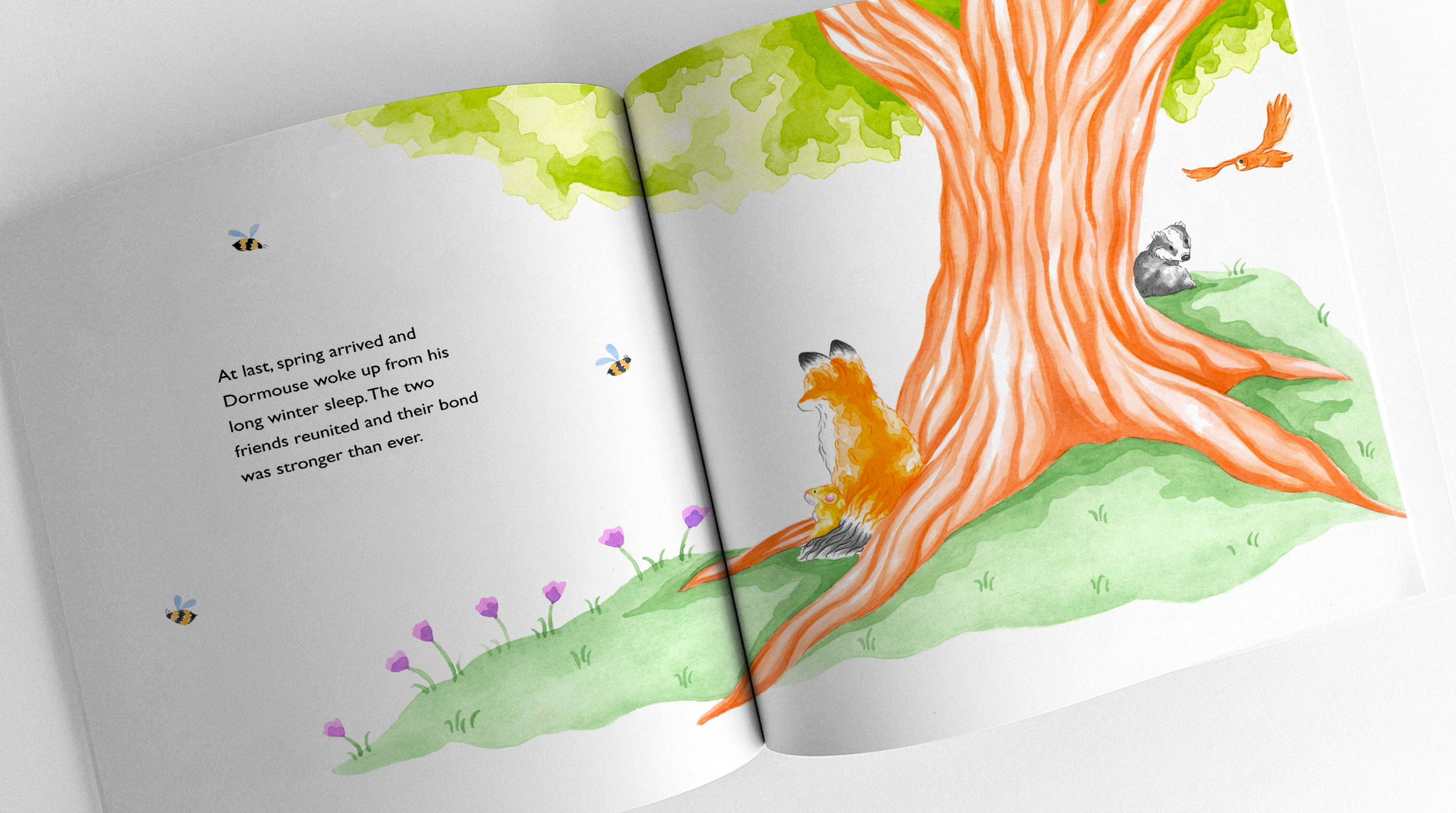 Fox, Dormouse, Badger and Owl around a tree, spring time