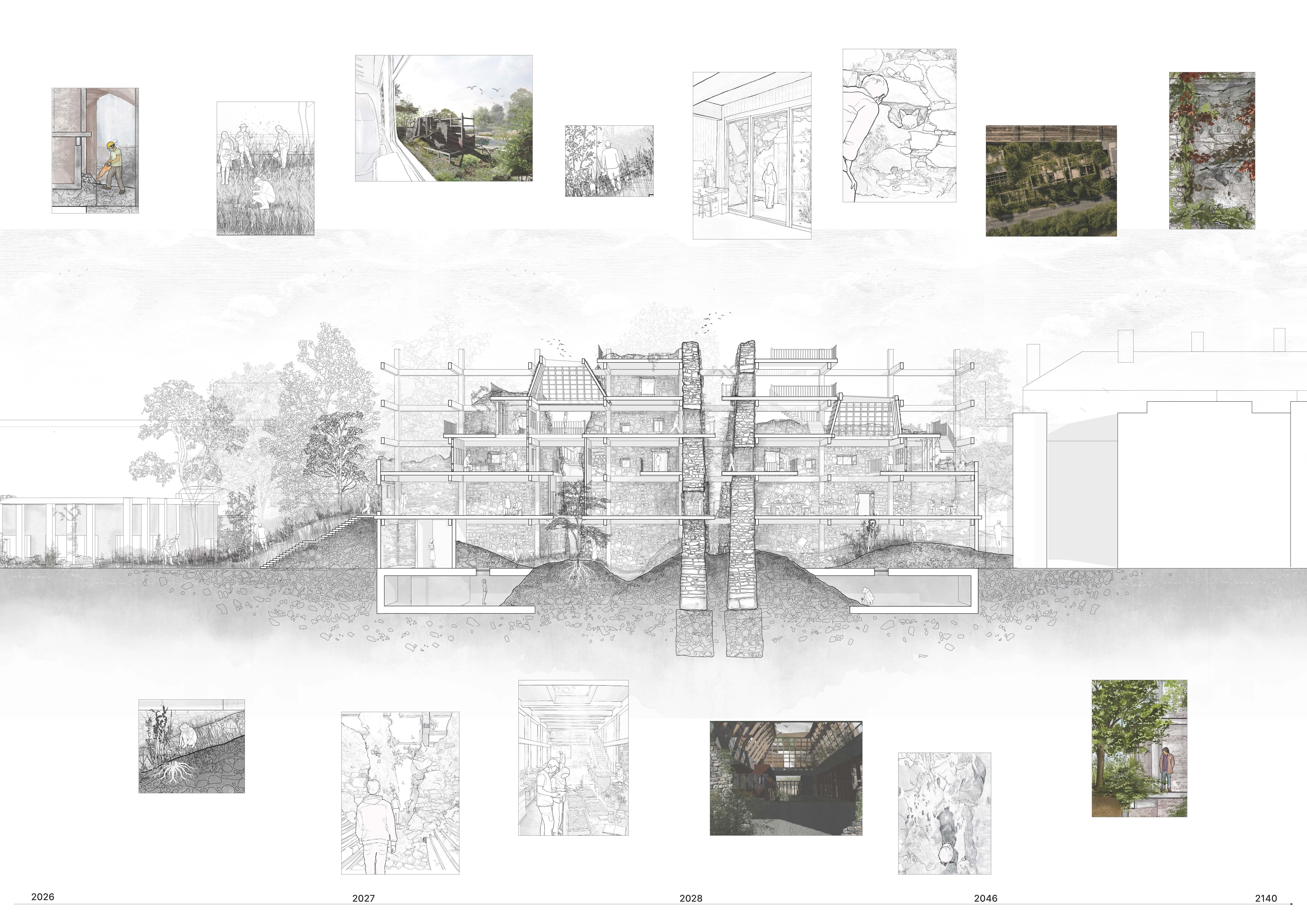 Sectional perspective drawing with views dotted around it