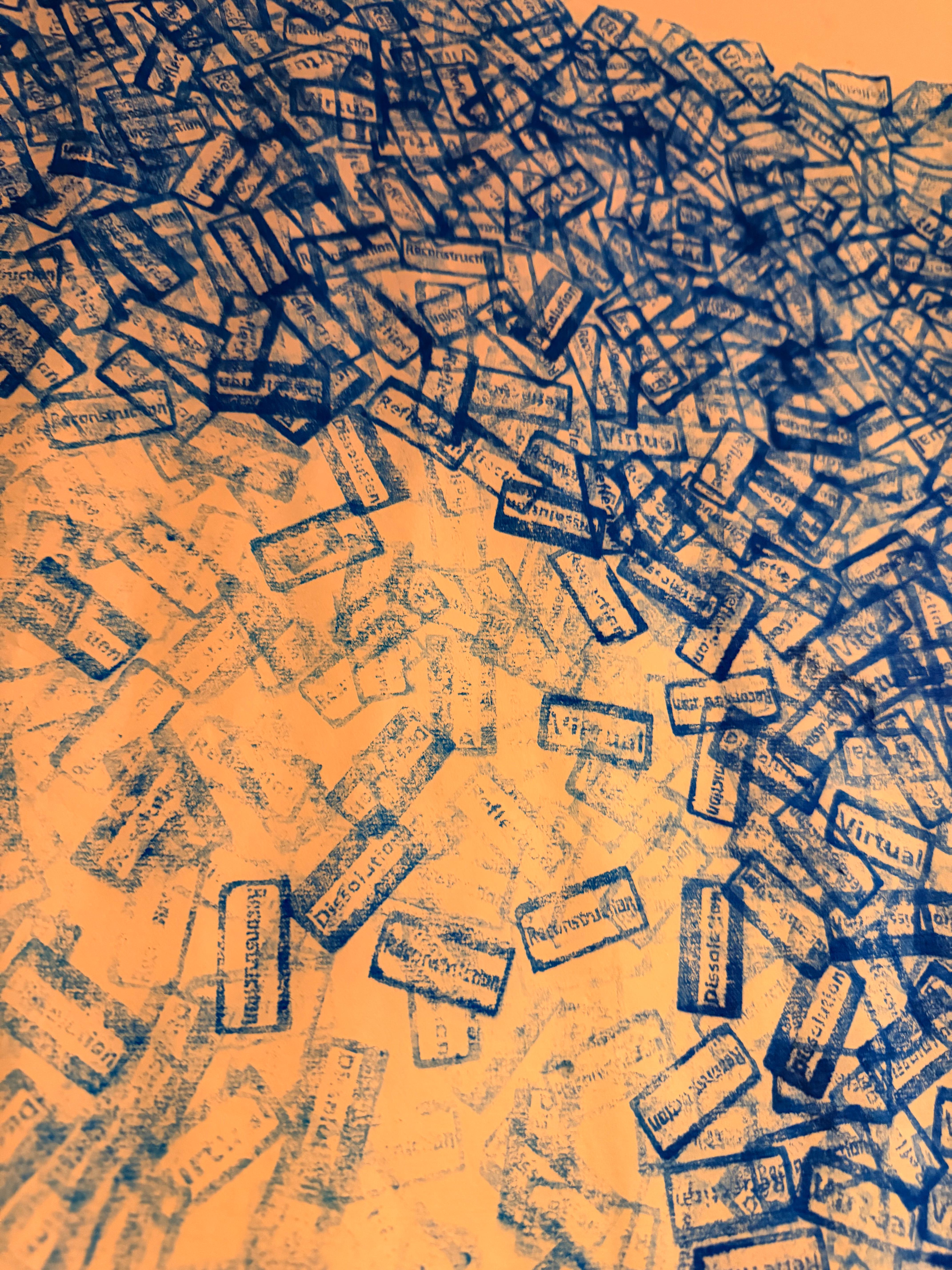 Detail of the blue English word stamped canvas from Contextual Distortion