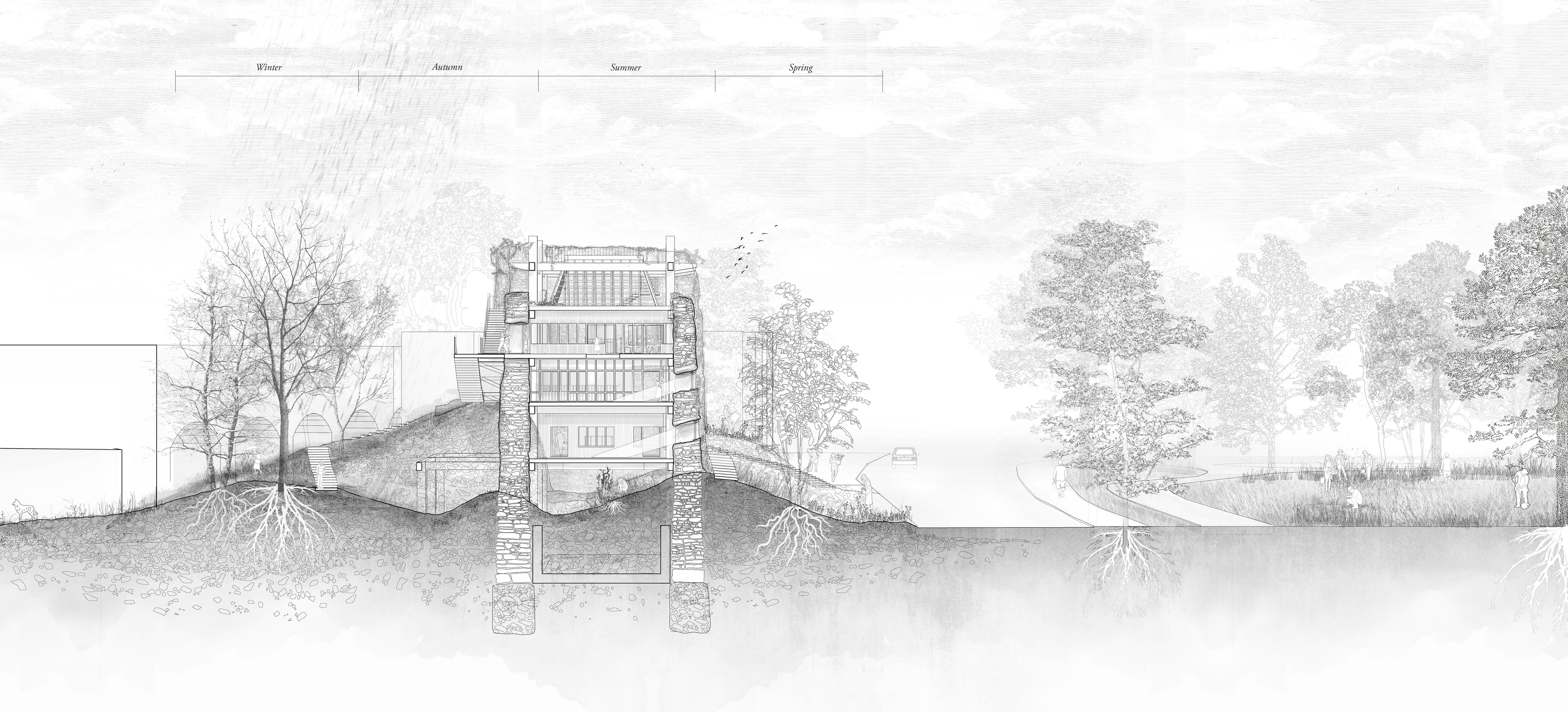 Black and white short section of building and landscape