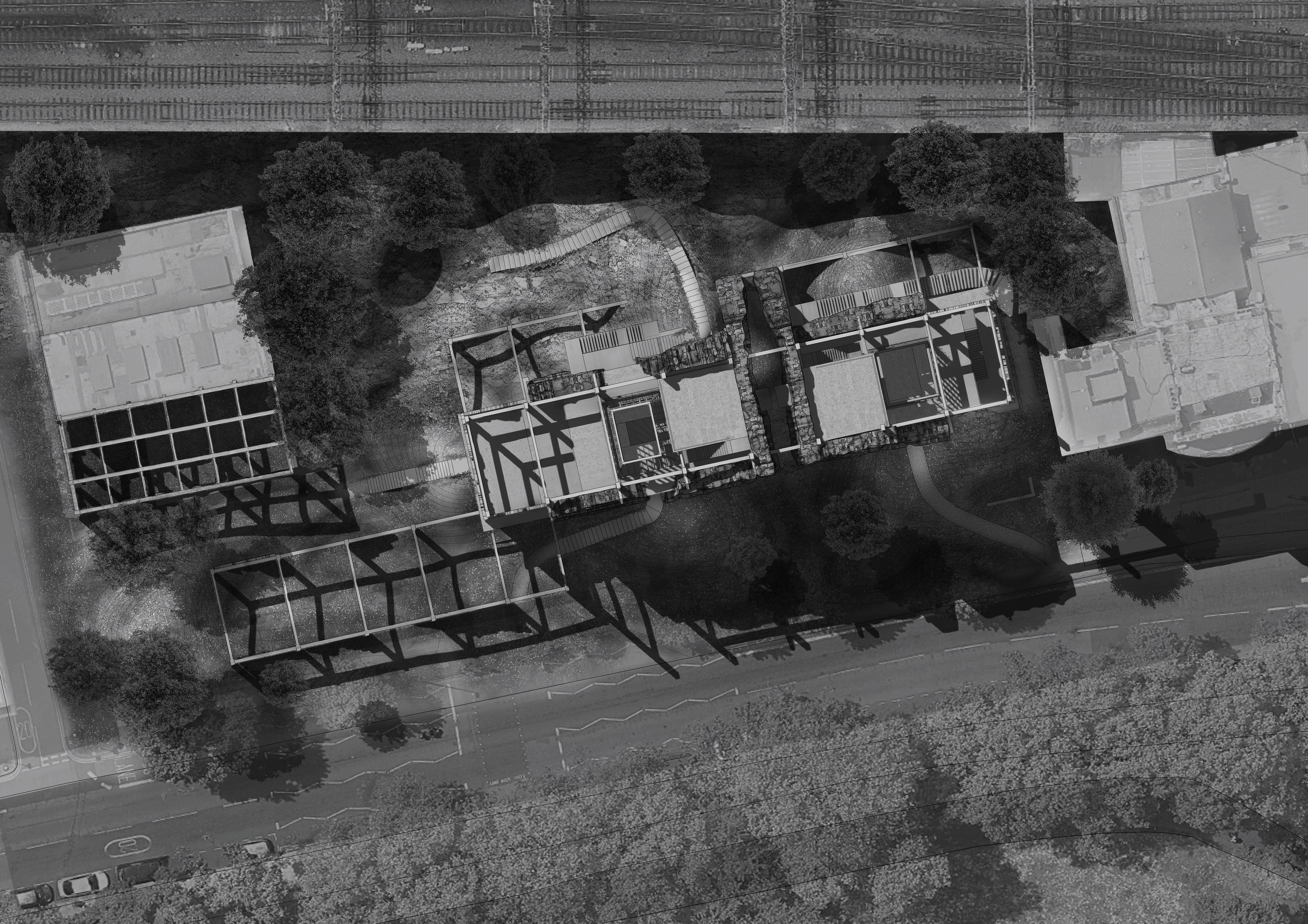 Black and white rendered roof plan of a building and landscape