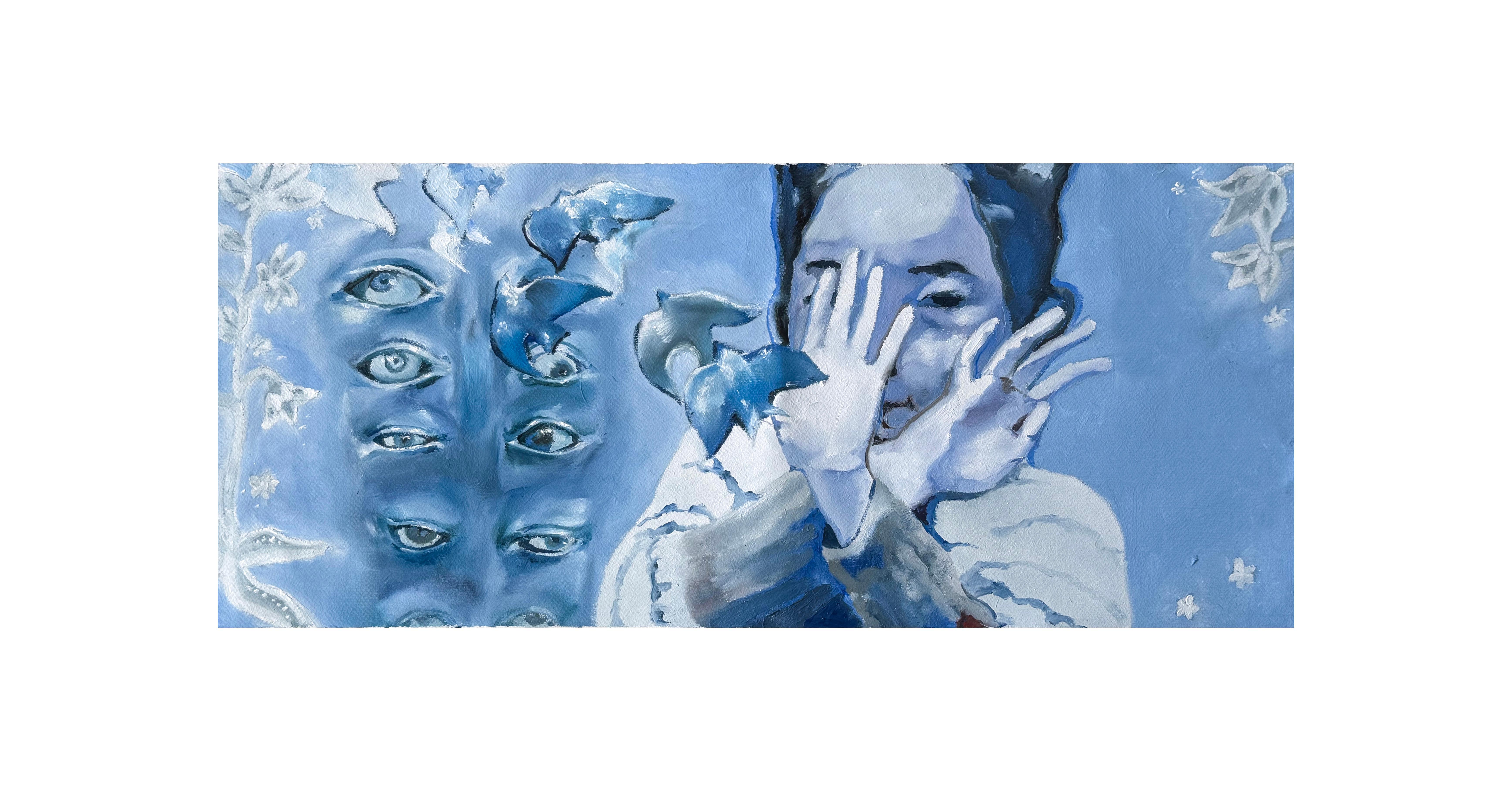 Oil painting exploring memory and emotional distance through fragmented imagery.