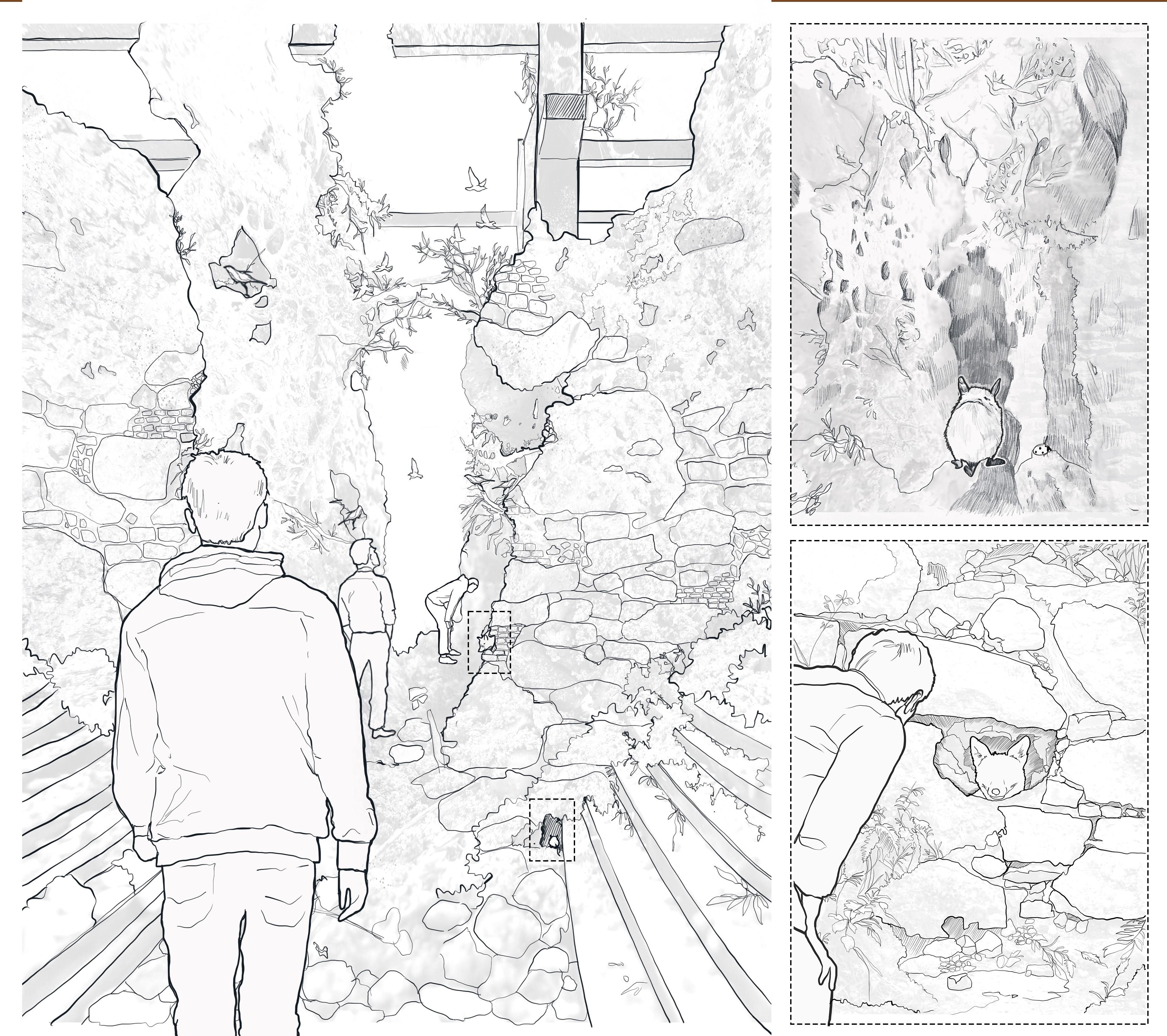 Hand sketches of landscapes, humans and animals