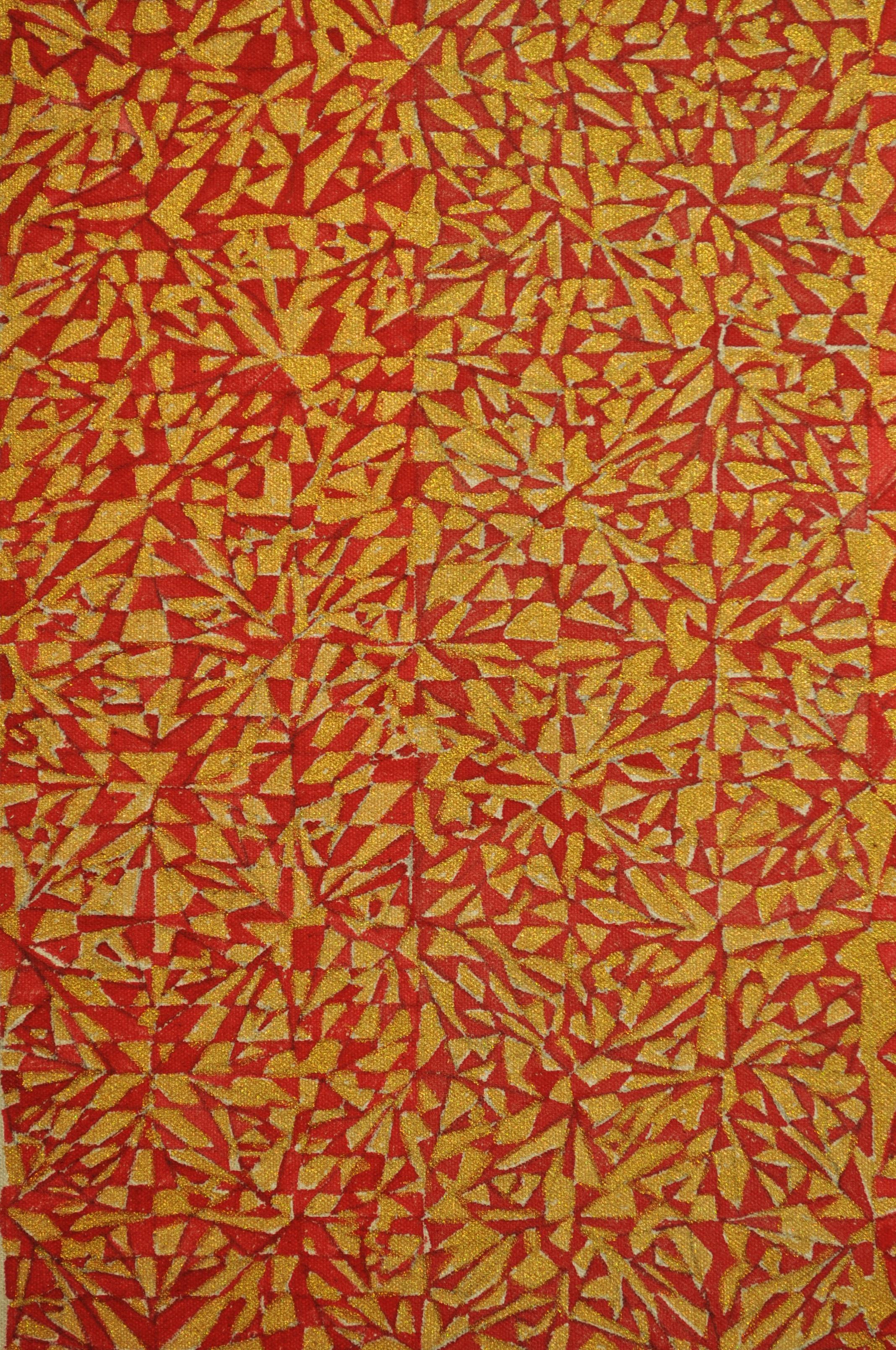 close-up of red and gold repeating abstract pattern.