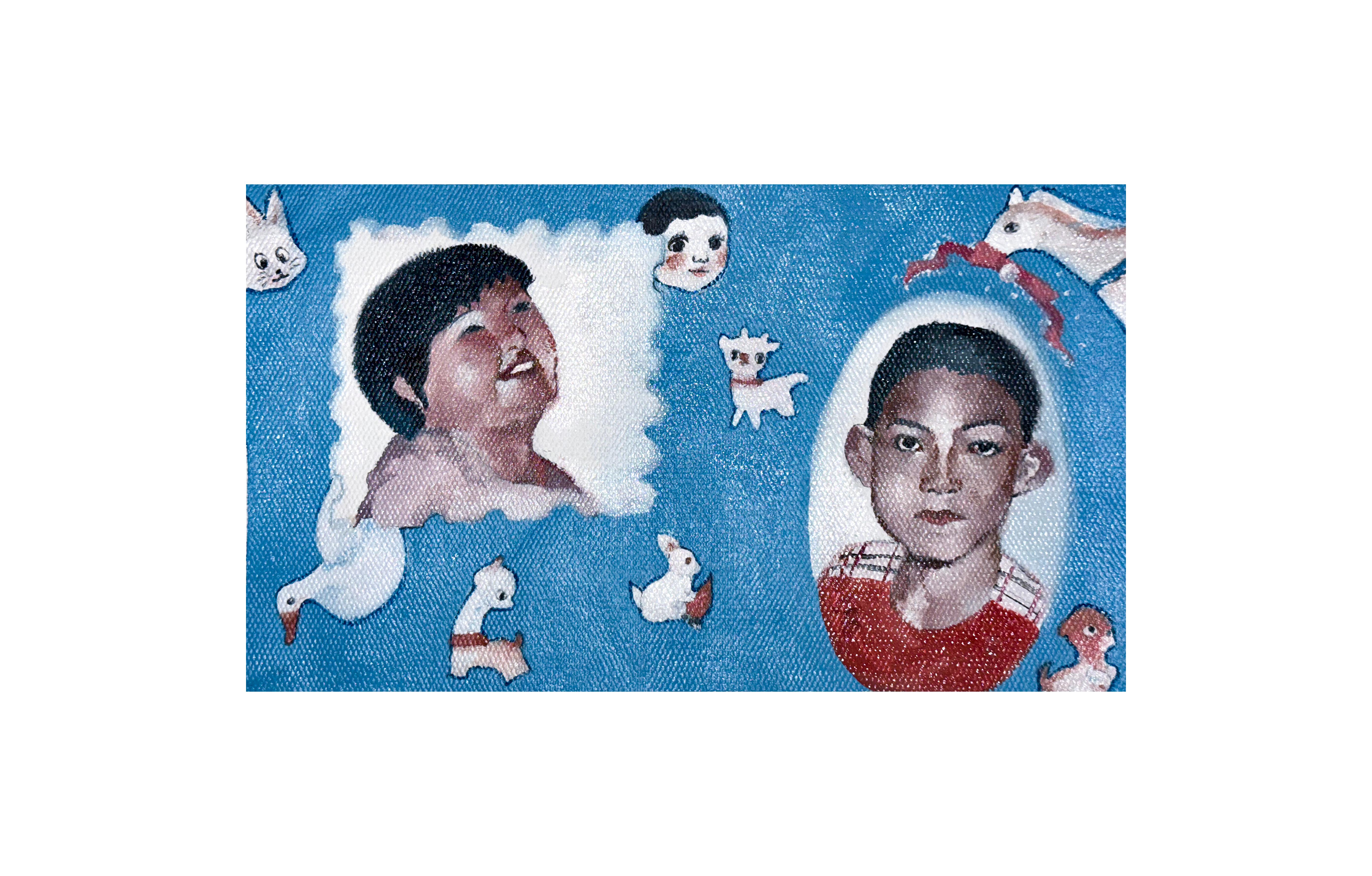 Painting reconstructing nostalgic childhood imagery through colour and atmosphere.