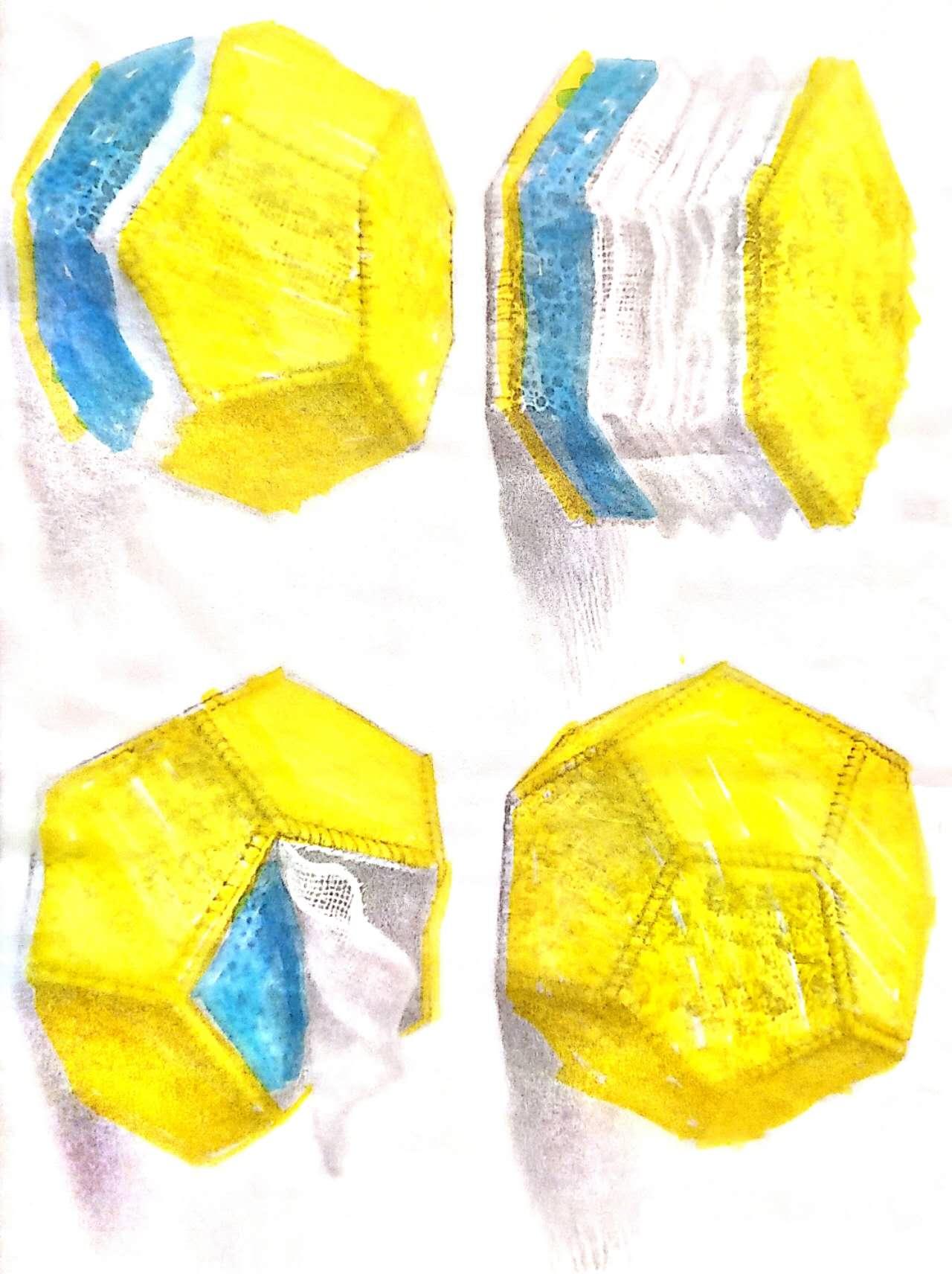 Hand-drawn watercolor studies depict twelve-sided modules made from filter materials, exploring fabric/sponge filtration and layered structures.