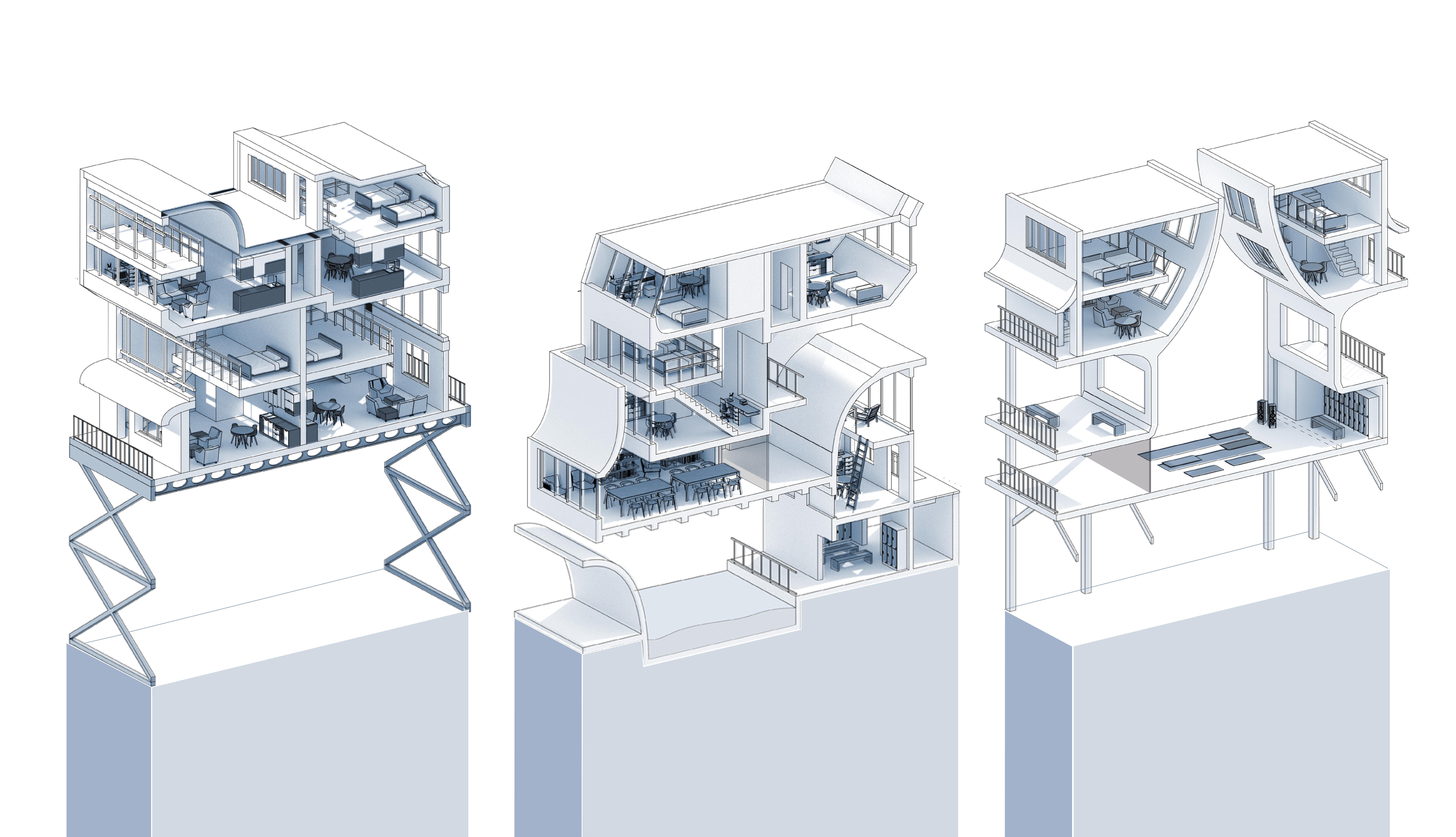 Housing Prototypes: 1. Standard 2.Bathhouse 3.Atrium
