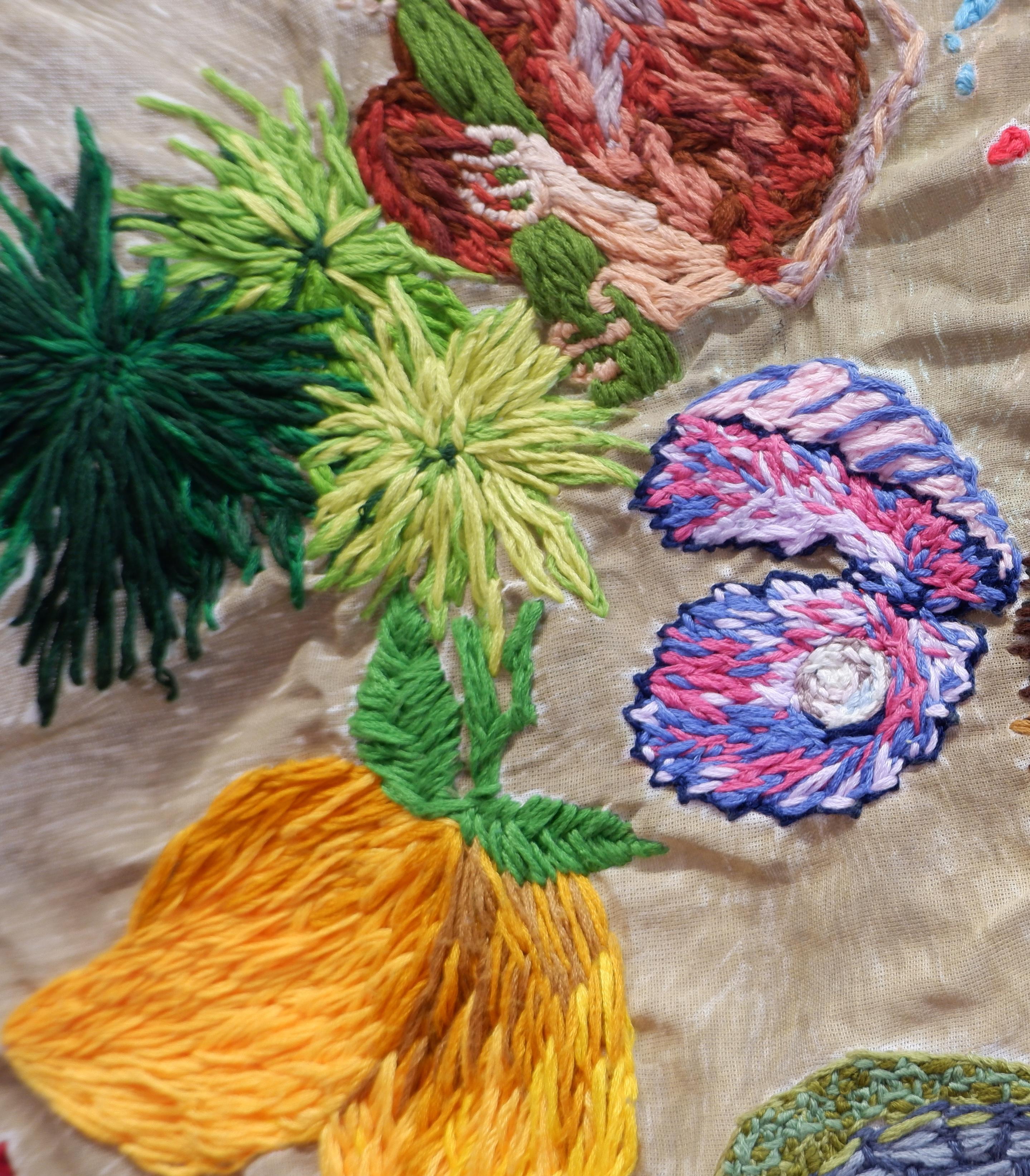 Plant, pearl, and mango embroidery detail