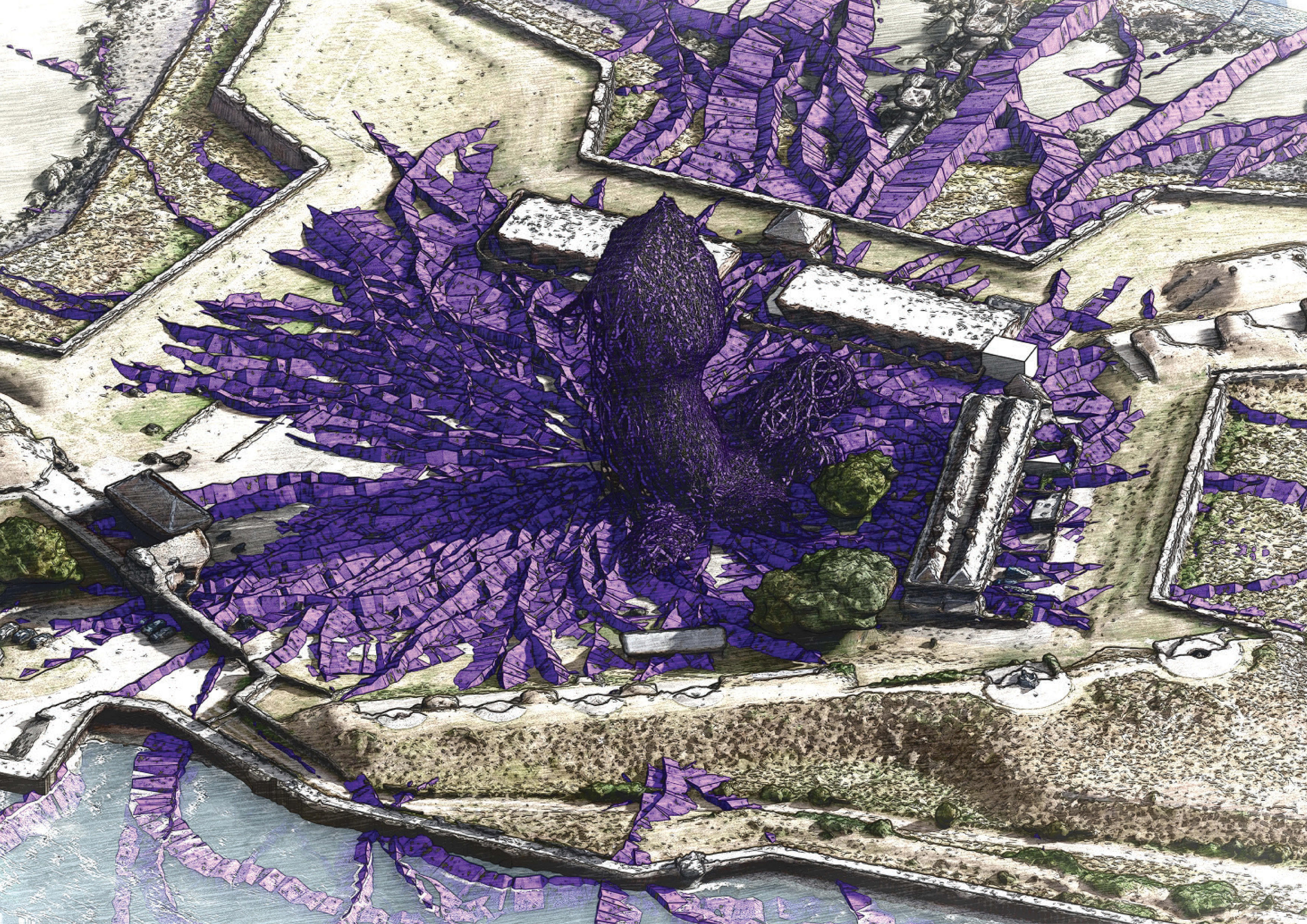 Conceptual architectural visualization of ‘The Healer’, a living environmental structure spreading across Tilbury Fort through branching purple formations inspired by healing and ecological regeneration.