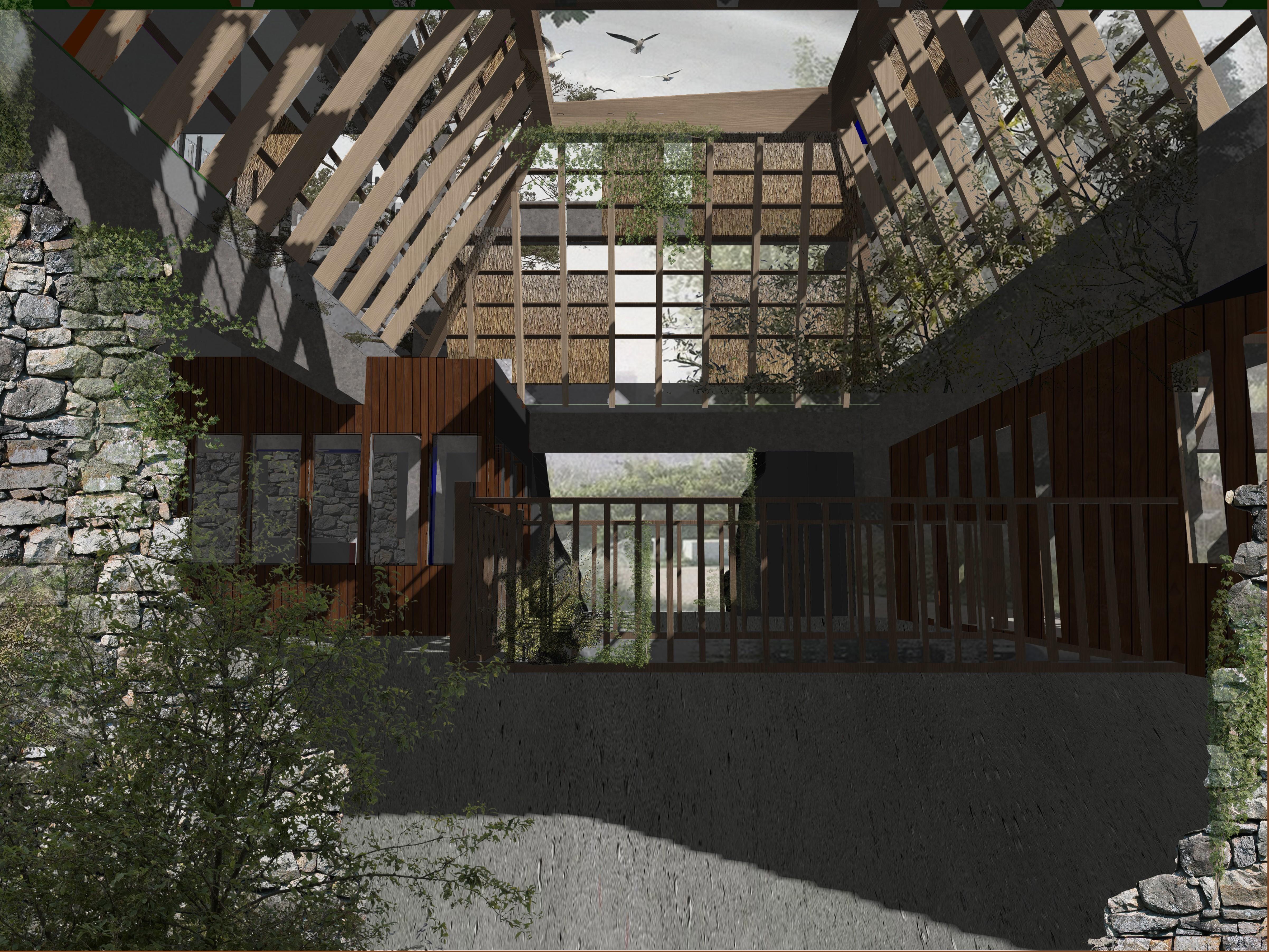 Architecture render of space with plants growing