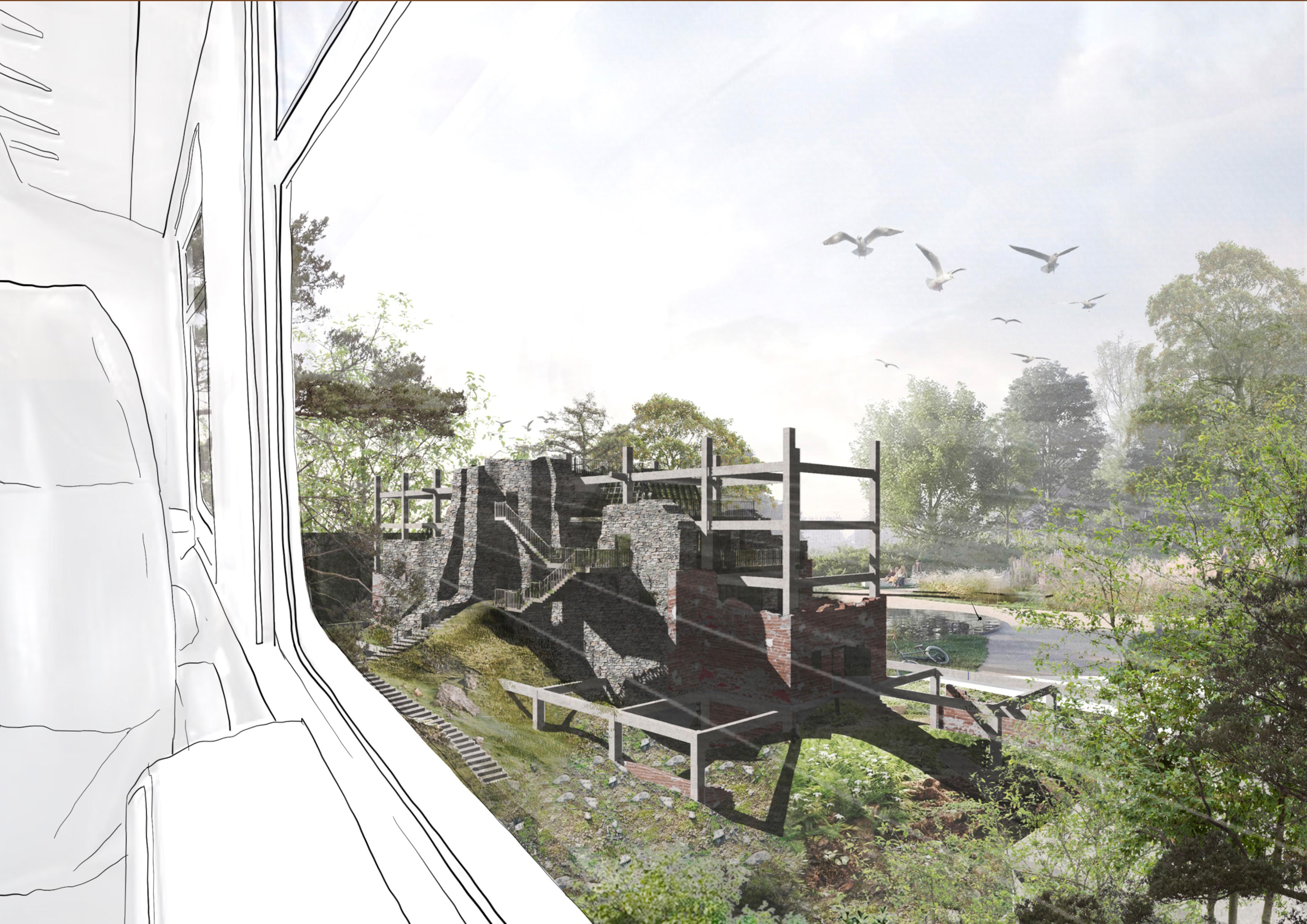 Coloured render view from railway of building and landscape