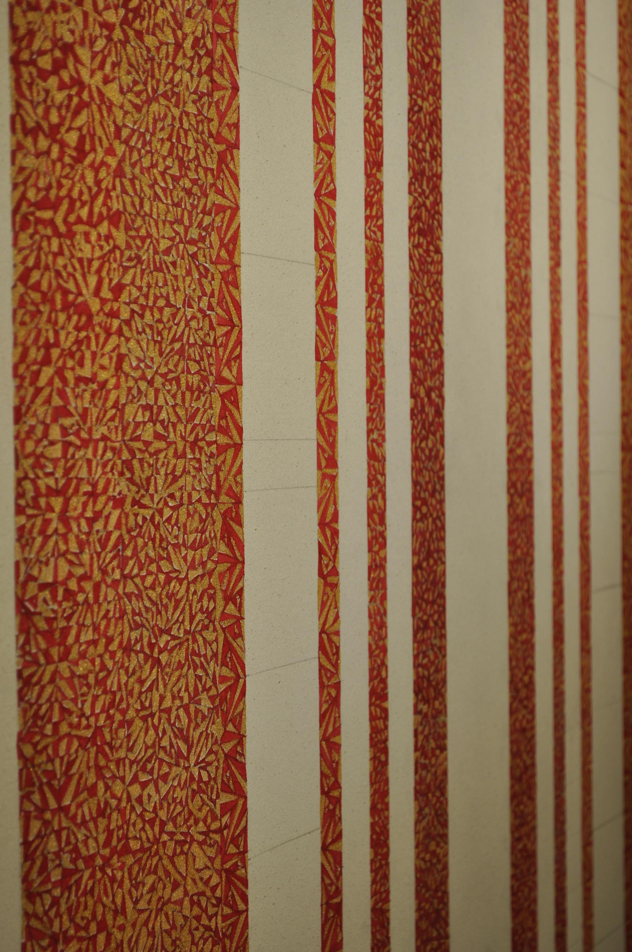 Red and gold vertical patterned bands. 