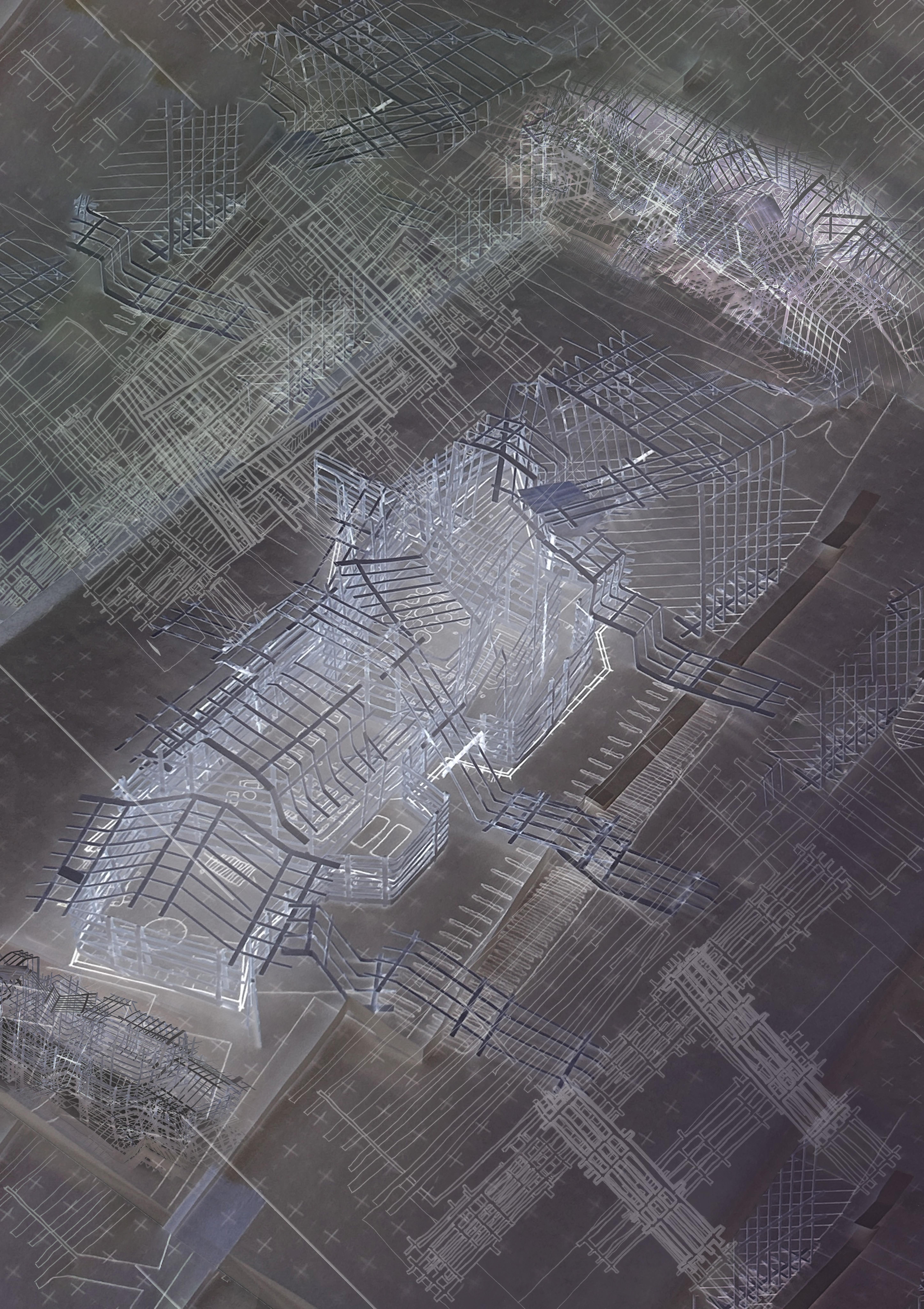 Atmospheric Collage of Sketch Model Axonometric