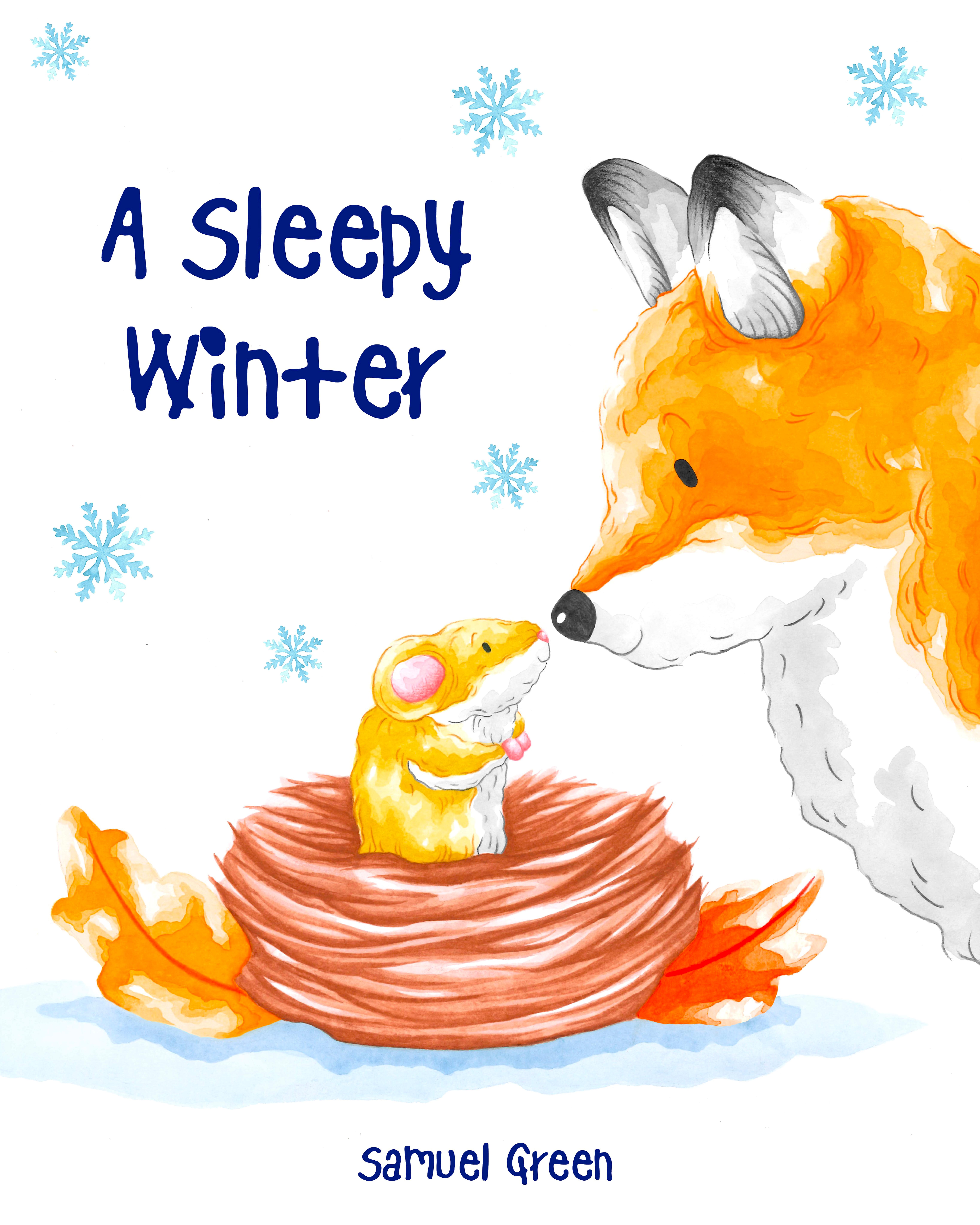 Book cover with fox and dormouse in nest with snowflakes fallong