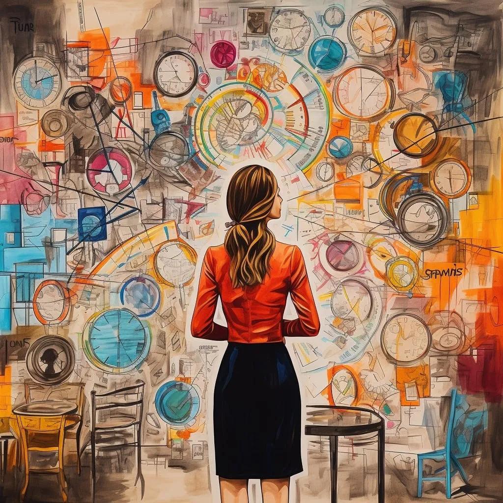 Frau die an eine Wand voller Zeichen schaut