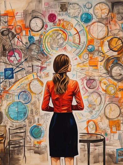 Frau die an eine Wand voller Zeichen schaut