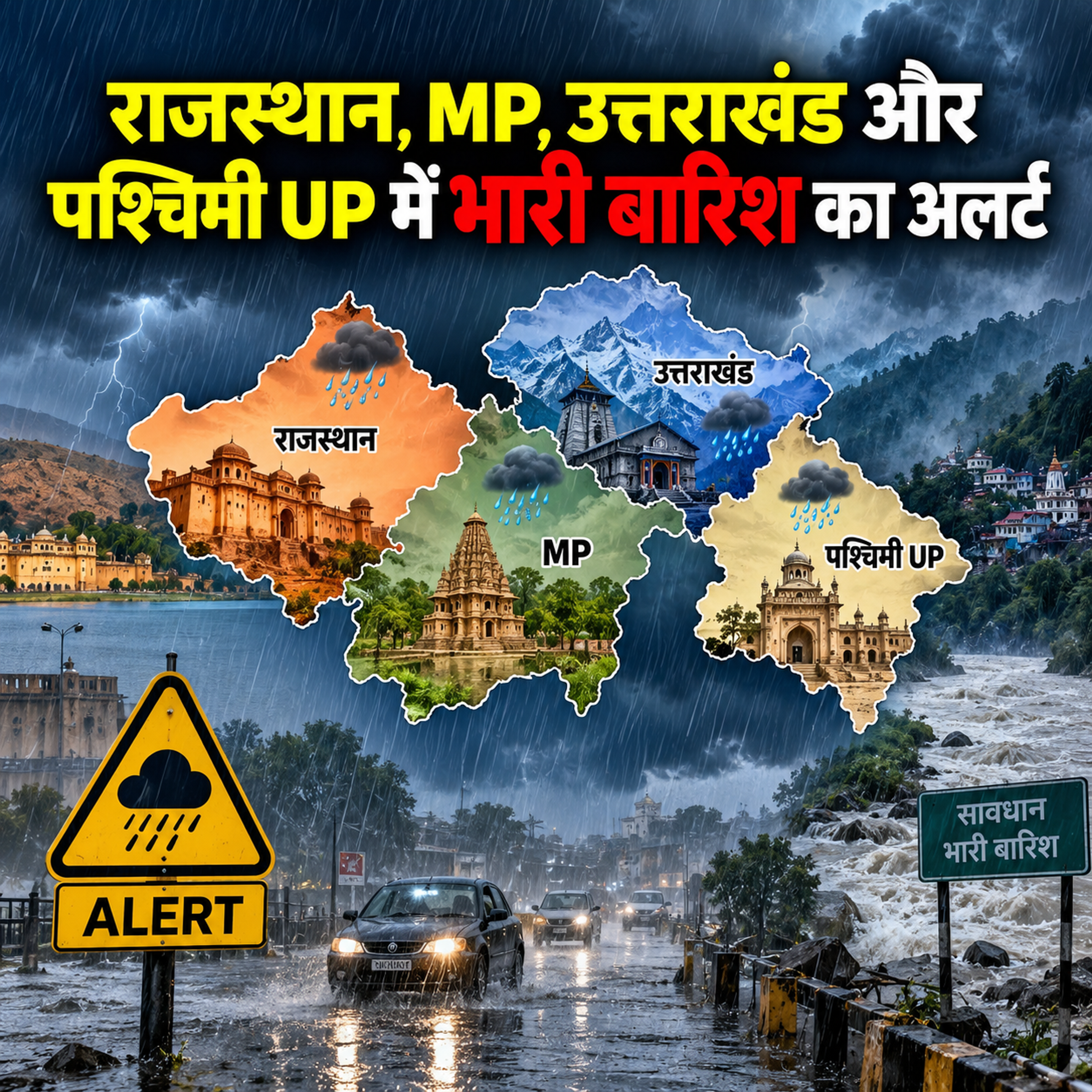 राजस्थान, MP, उत्तराखंड और पश्चिमी UP में भारी बारिश का अलर्ट: गरज-चमक के साथ आकाशीय बिजली गिरने की चेतावनी