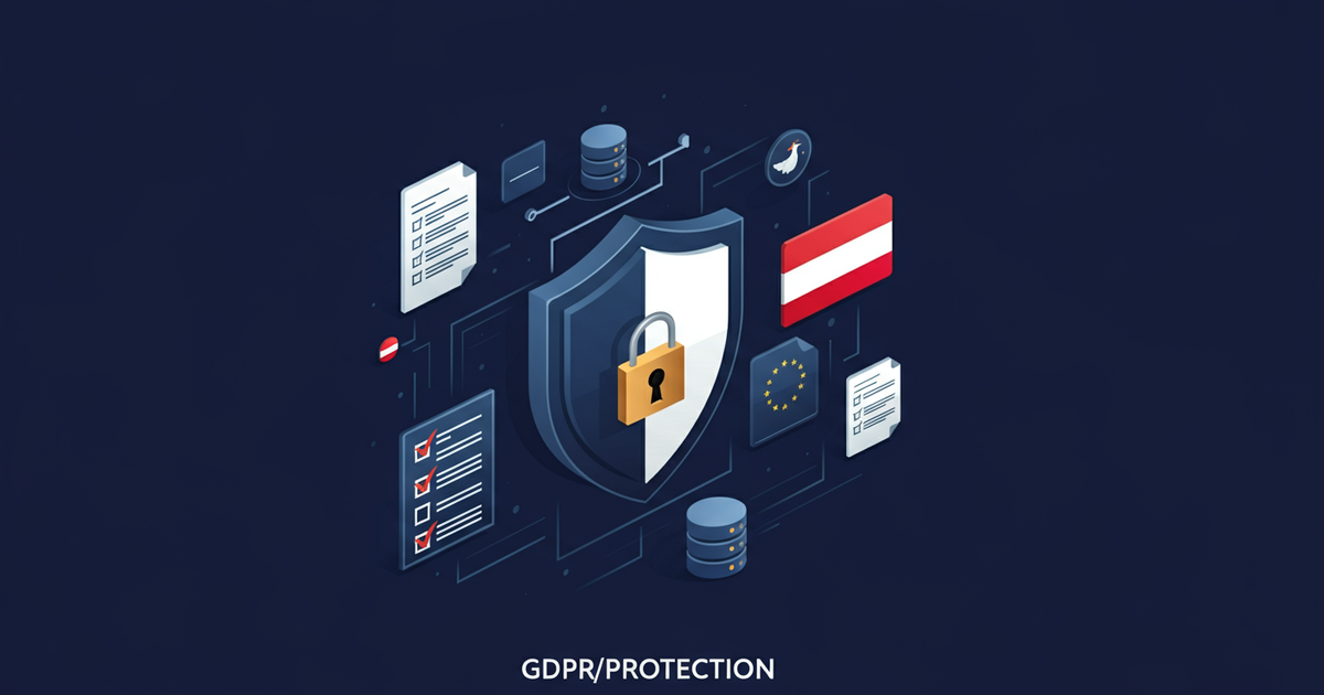 DSGVO Compliance für österreichische KMUs – Datenschutz-Schild mit EU-Sternen und österreichischen Farben