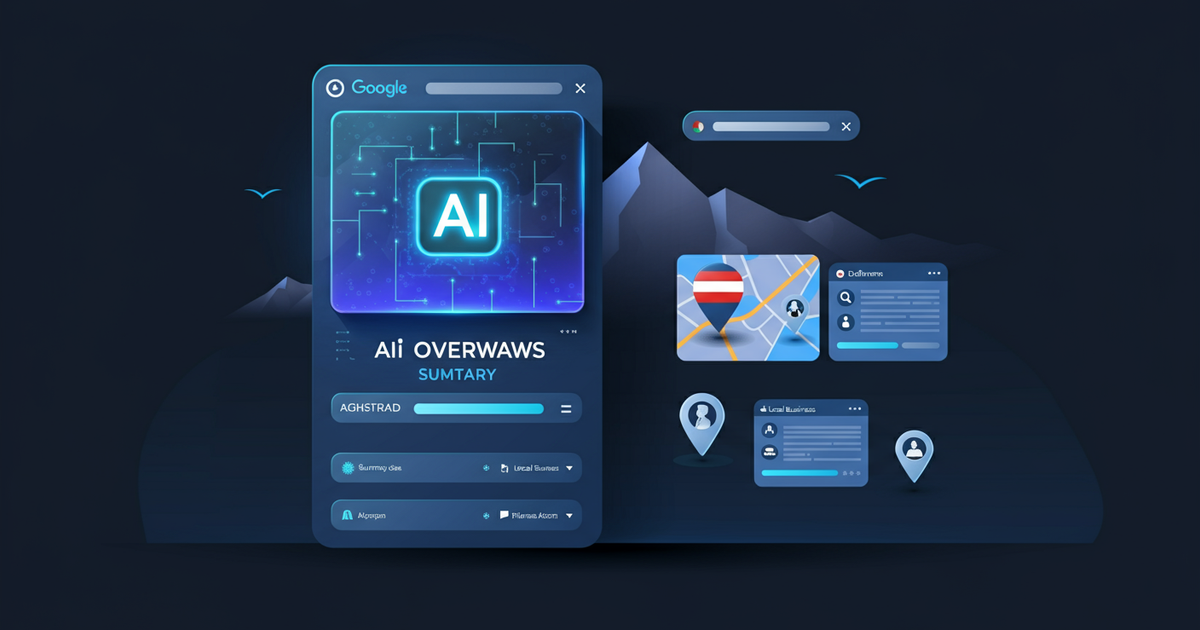 Google AI Overviews und lokale Suche – Illustration einer KI-generierten Suchergebnisseite mit lokalem Business-Pack