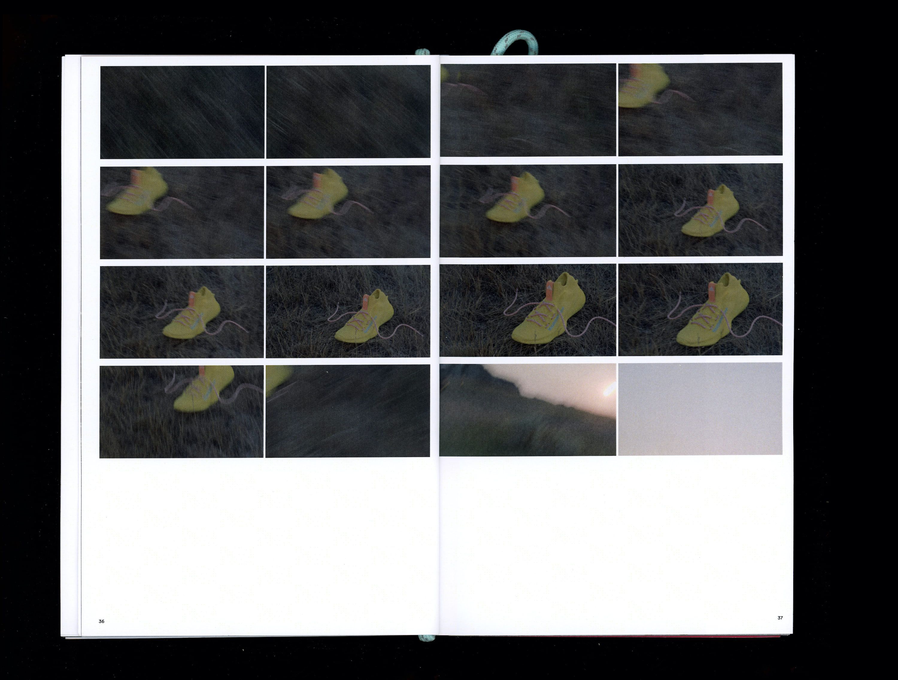 Photograph sequence of camera panning from grass to yellow Sičhona shoe to sunset 