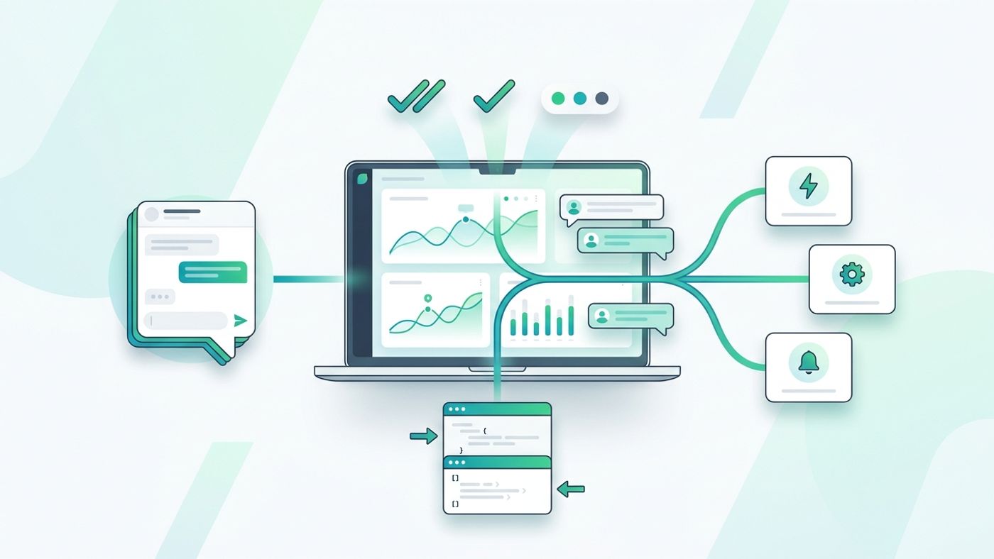 Diagram of a WhatsApp API workflow with session connection, send endpoint, and webhook delivery events