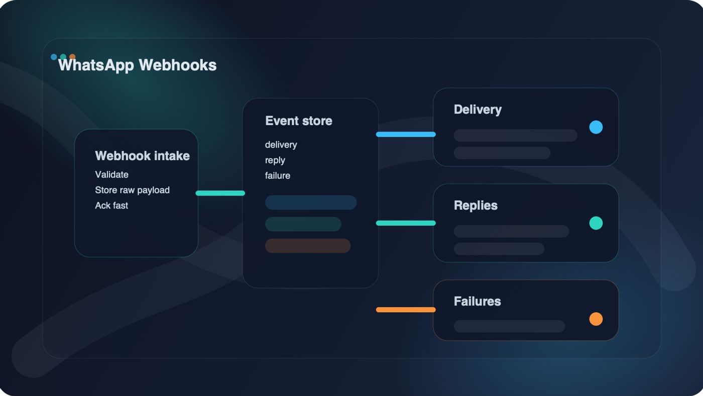 WhatsApp webhook pipeline showing delivery events, inbound replies, and failure handling in one backend workflow