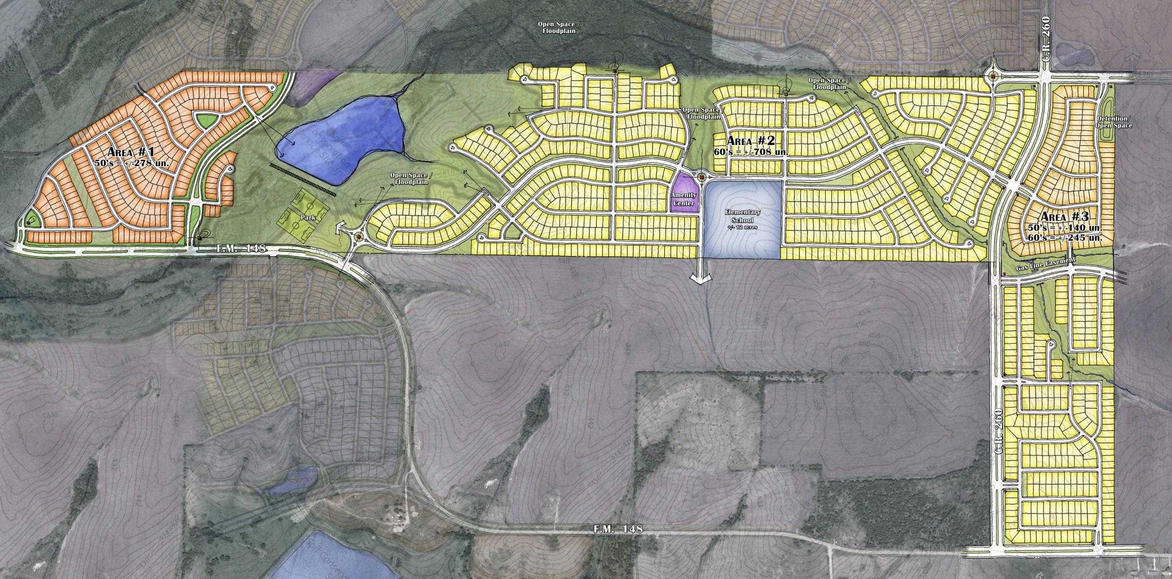 Crane Crossing (Crandall 489) conceptual master plan: three residential areas, about 1,630 lots, with an elementary school and floodplain open space along FM 148