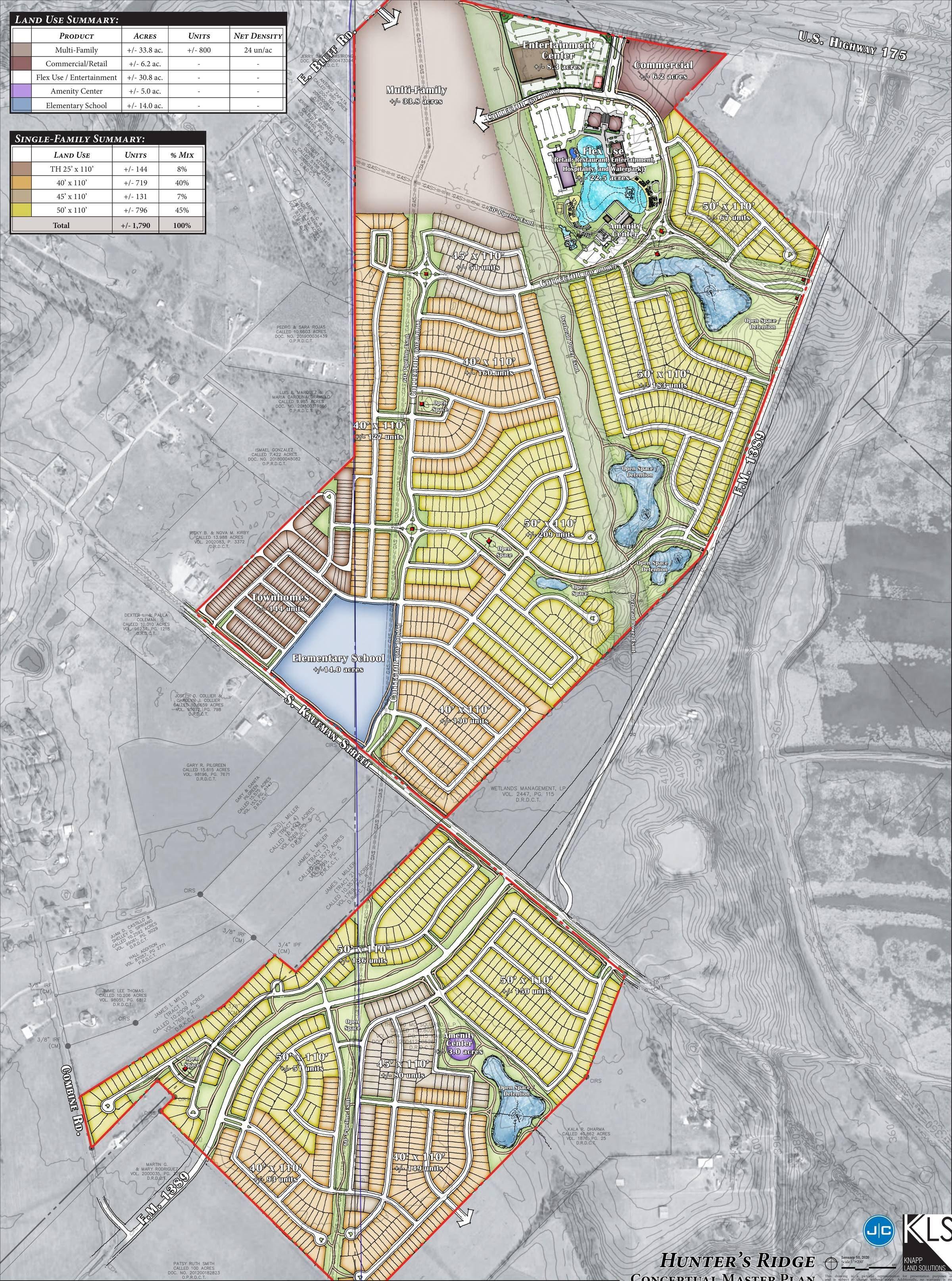 Hunter's Ridge conceptual master plan in Seagoville: about 1,800 homes with townhomes, multifamily, commercial, an elementary school and open space along FM 1389