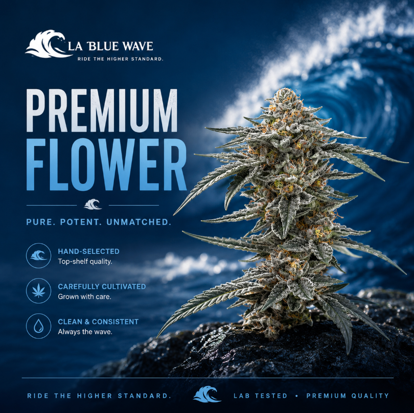 LA Blue Wave Premium Flower product hero — hand-selected, lab-tested