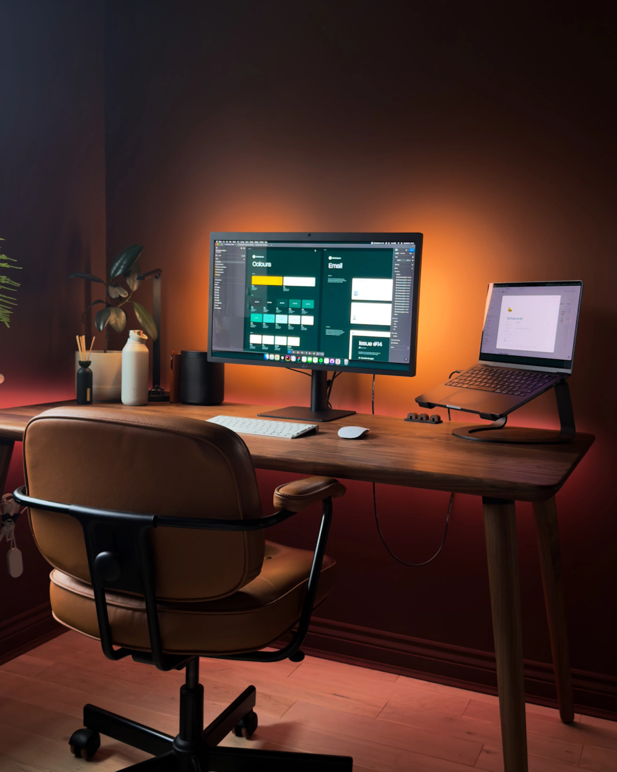 The same desk after dark, lit by a warm glow behind the monitor, with the leather chair pulled out and keys hanging at the edge of the frame.