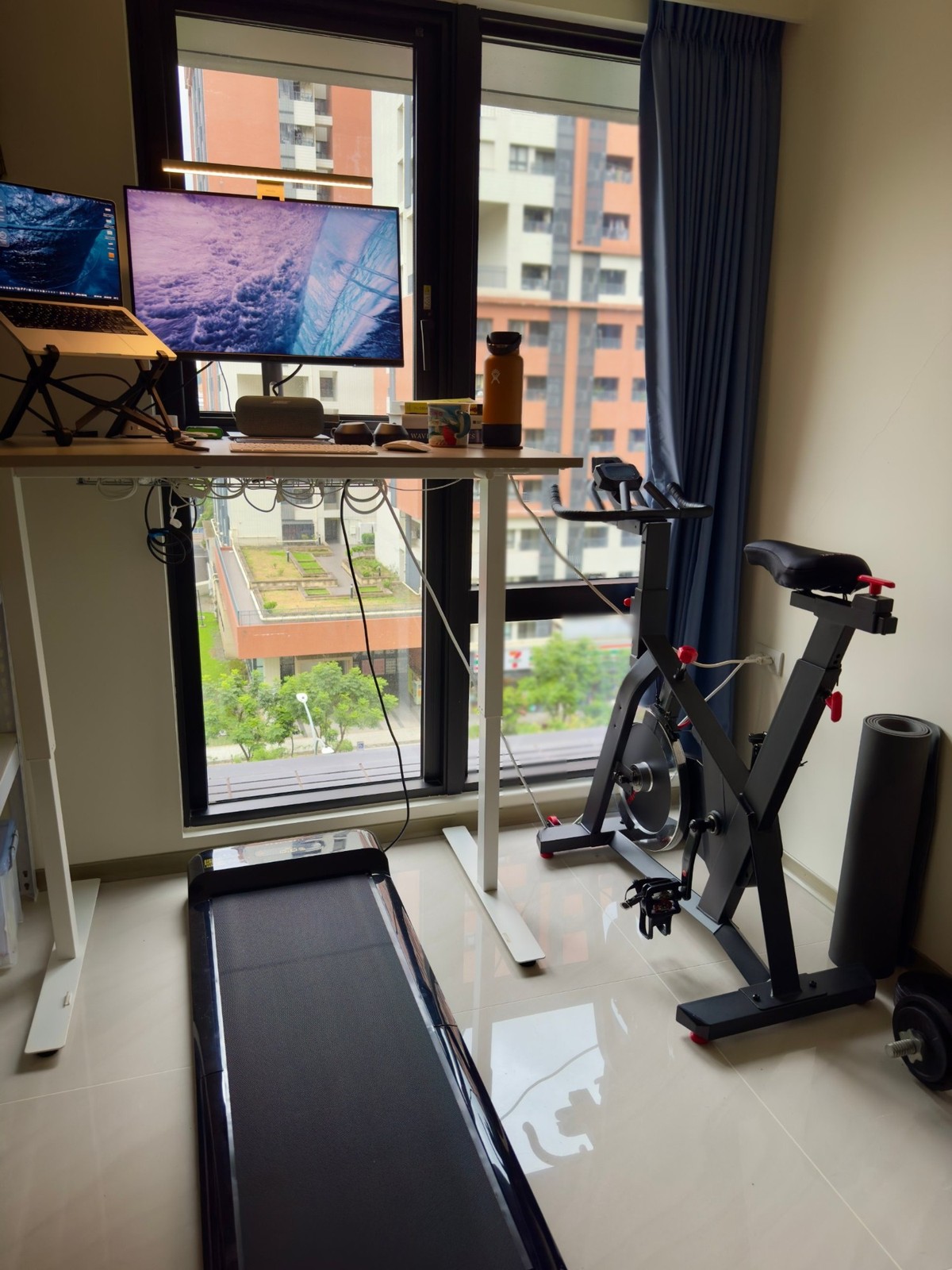 The room from the doorway: the standing desk along the window, a walking pad on the floor beneath it and the exercise bike parked to the right.