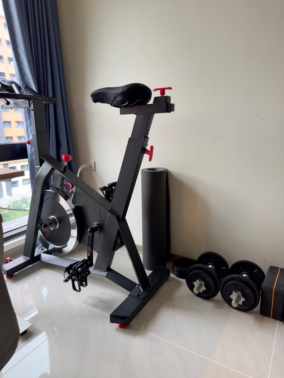 The exercise bike beside the window, with a rolled exercise mat and a pair of dumbbells on the floor next to it.
