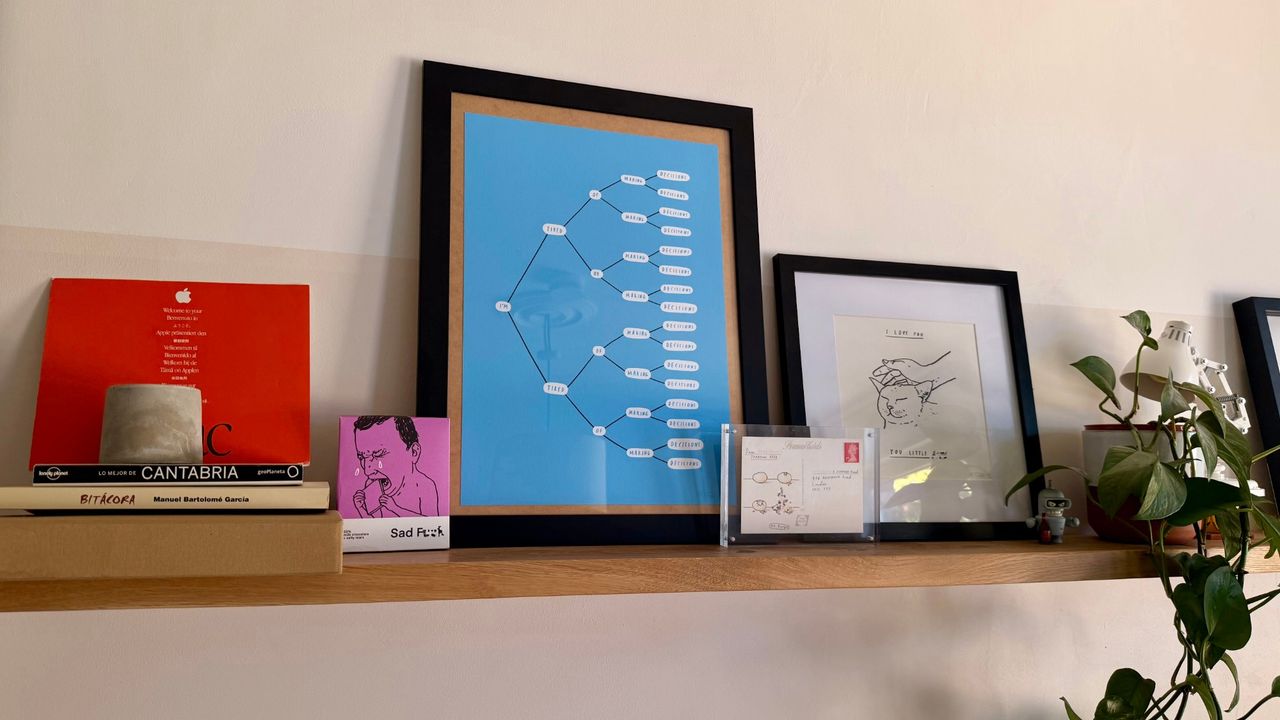 A floating shelf with a framed blue print reading “I’m tired of making decisions”, a framed postcard, a framed cat drawing and a stack of books.