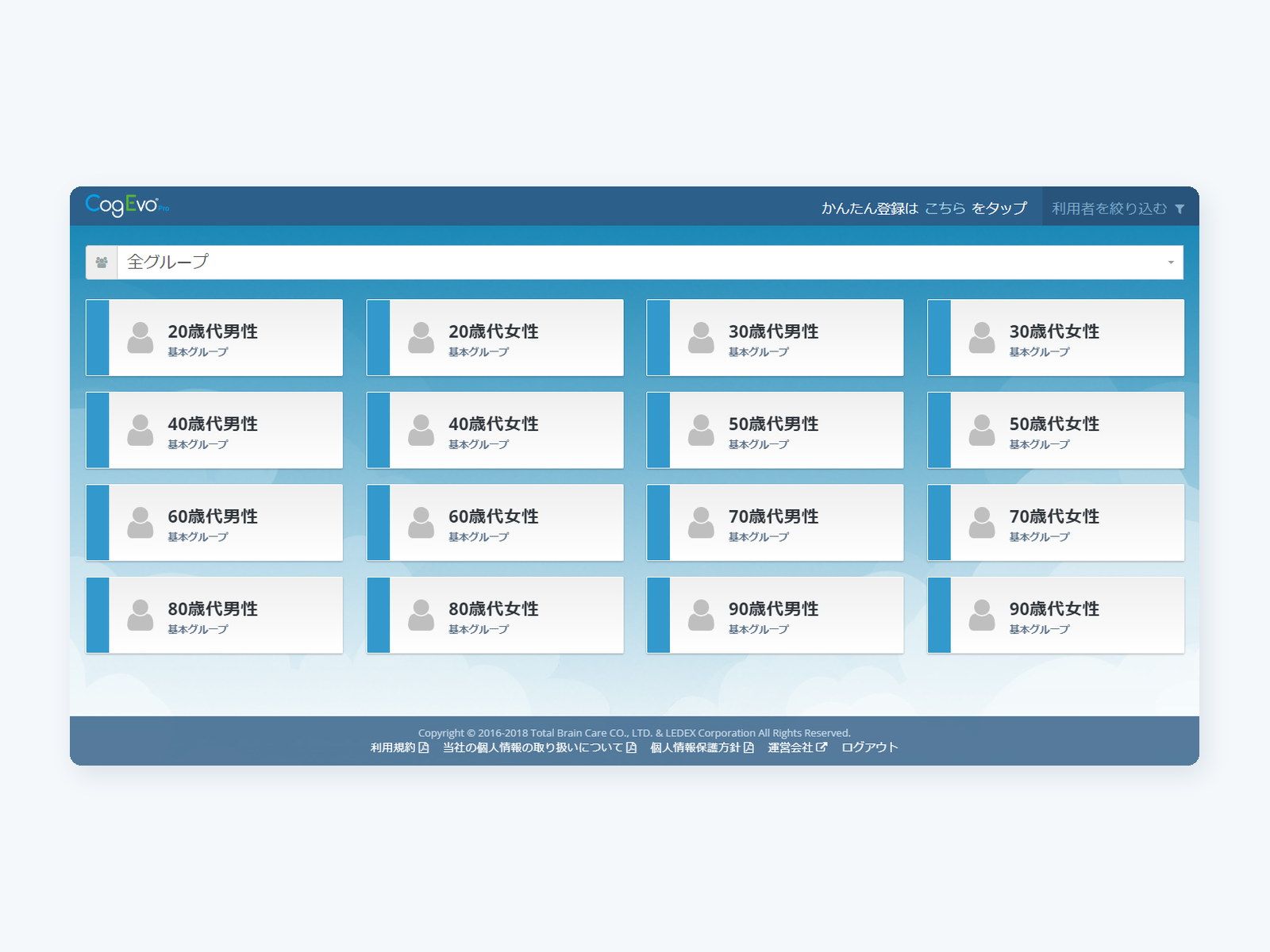 CogEvo Pro の利用者一覧画面。20代から90代まで、年代と性別ごとにグループ分けされた対象者が並ぶ