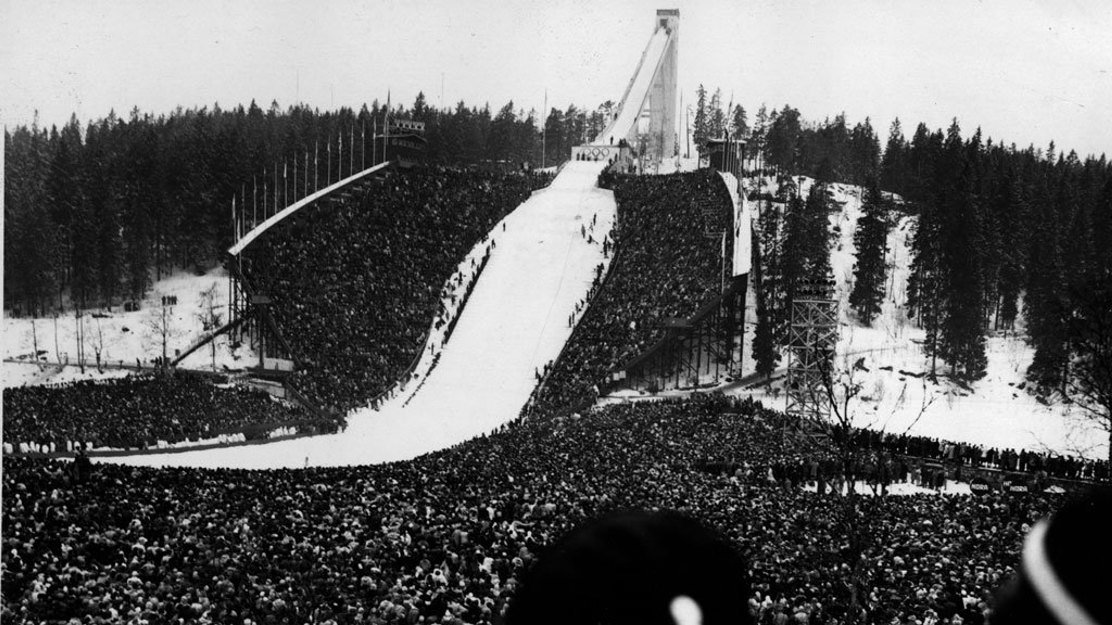 A crowded national skijumphill in Norway, Holmenkollen during the olympics