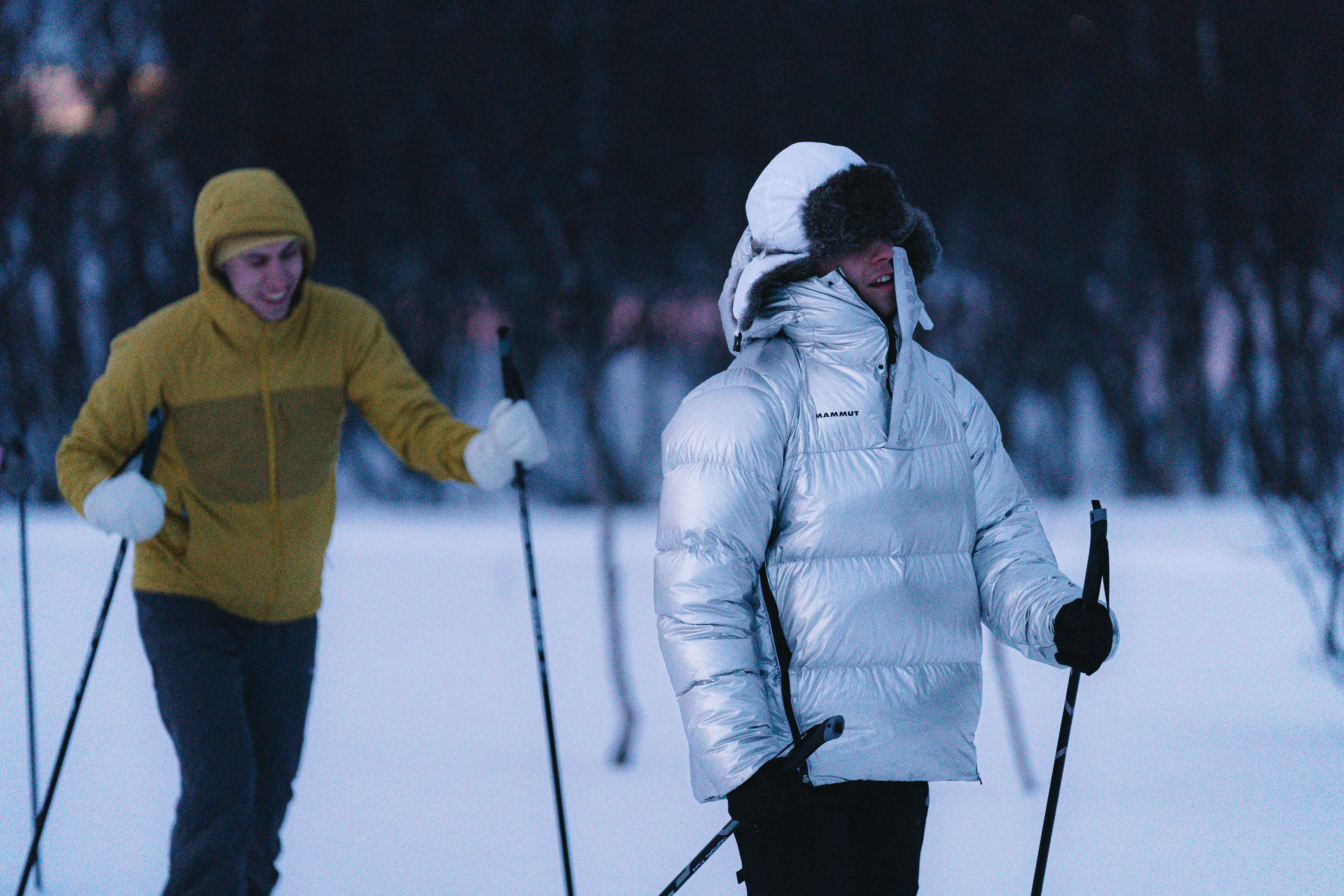 Two friends having fun in the arctic on skis